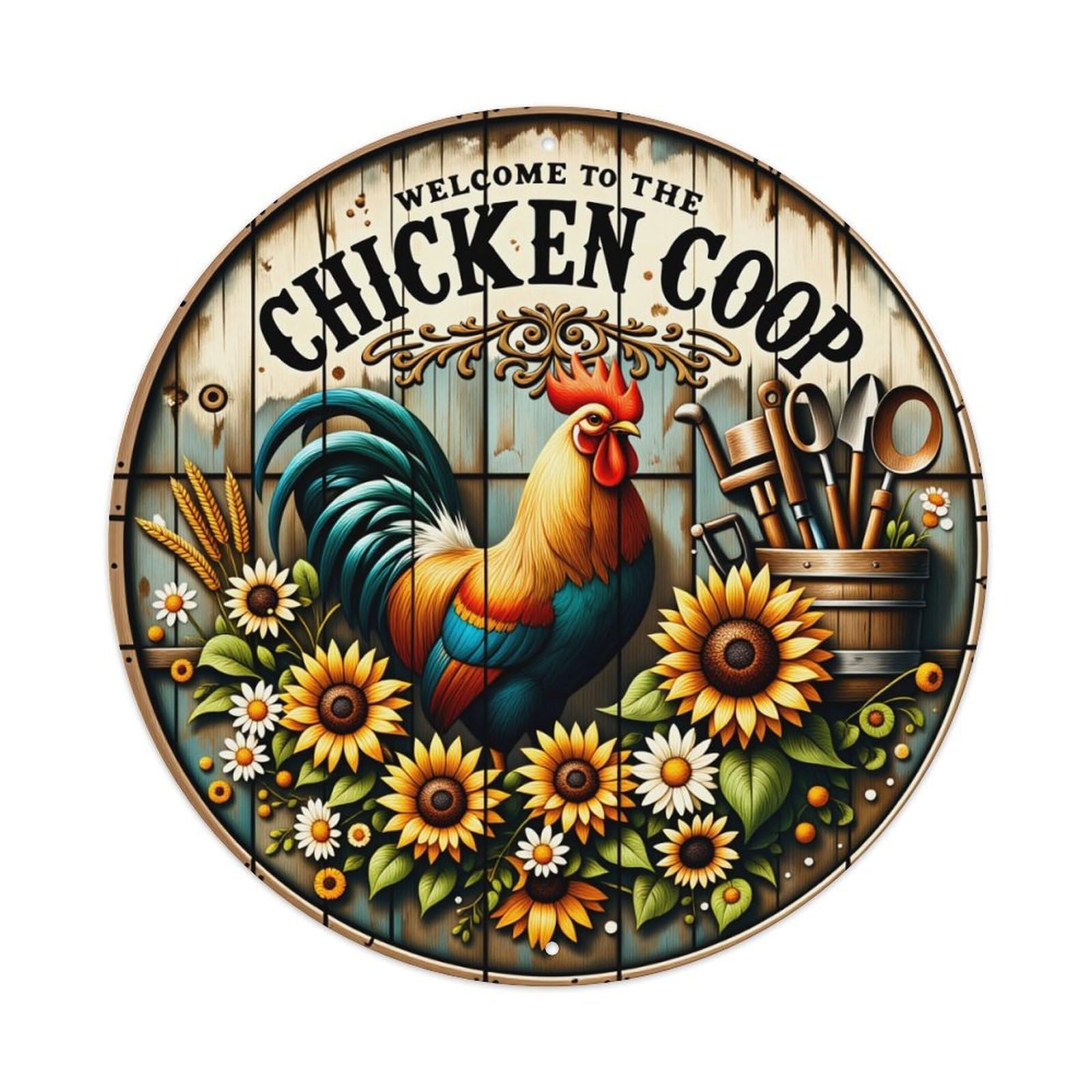 Chicken Coop Rooster Sunflowers Tools Metal Tin Sign Vintage Garden Bedroom Cafe Bar Man Cave Home Wall Decor Metal Poster 8x8 inches