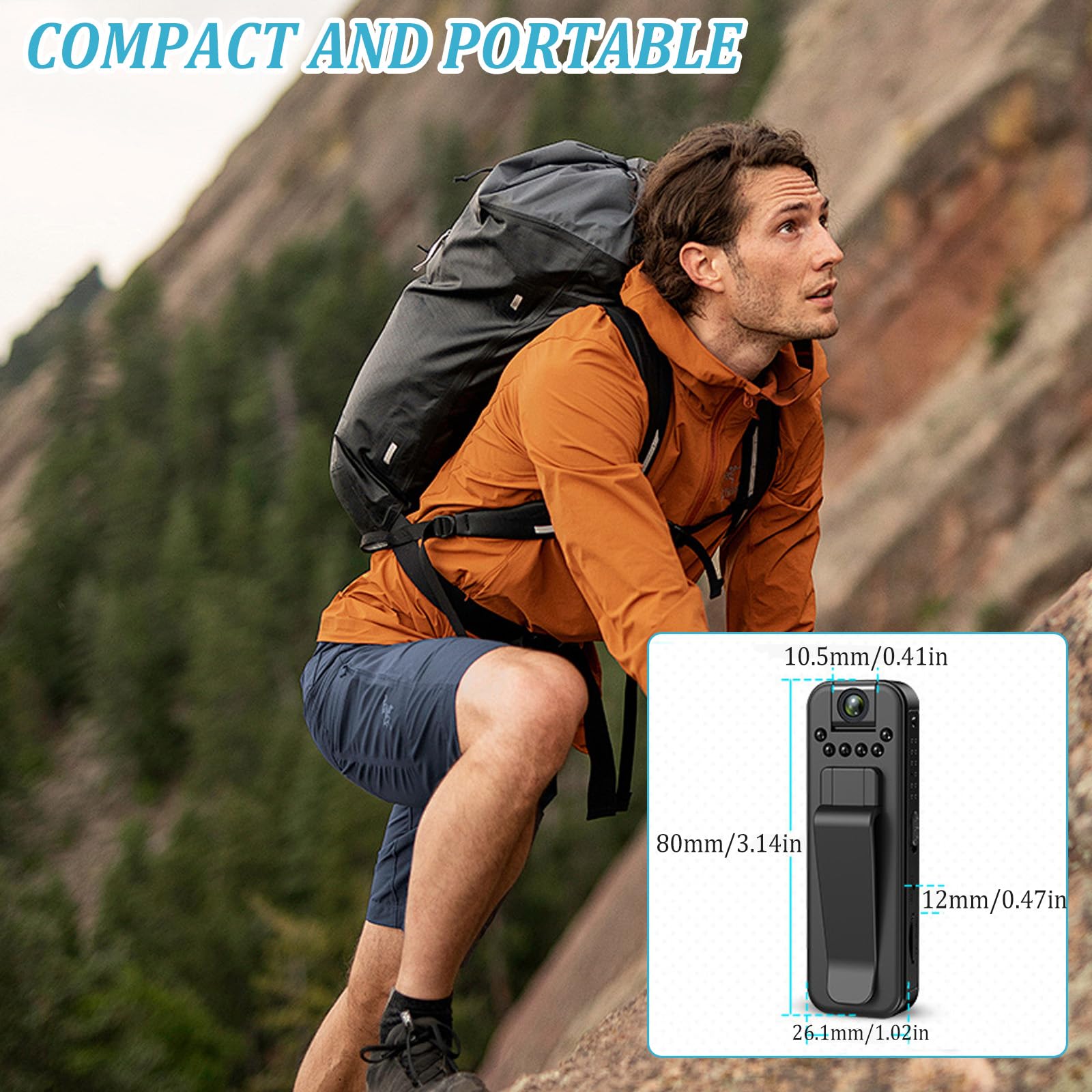 Bodycam - Cámara corporal de 1080P con tarjeta TF de 32 GB y objetivo giratorio de 180°, grabación de audio y vídeo, cámara de bolsillo portátil con visión nocturna para viajes y actividades al aire