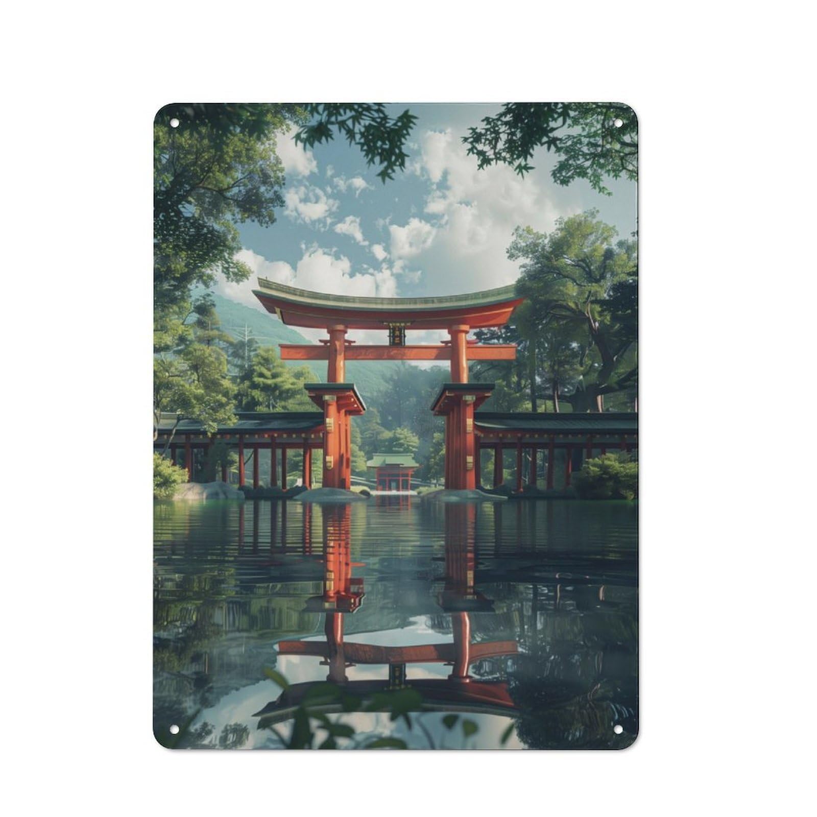 Modern Retro Metal Wall Art Sign 40x30cm Featuring Torii Gate Japanese, Urban Room Decor for Workspace, Cafe, Hallway Or Garage