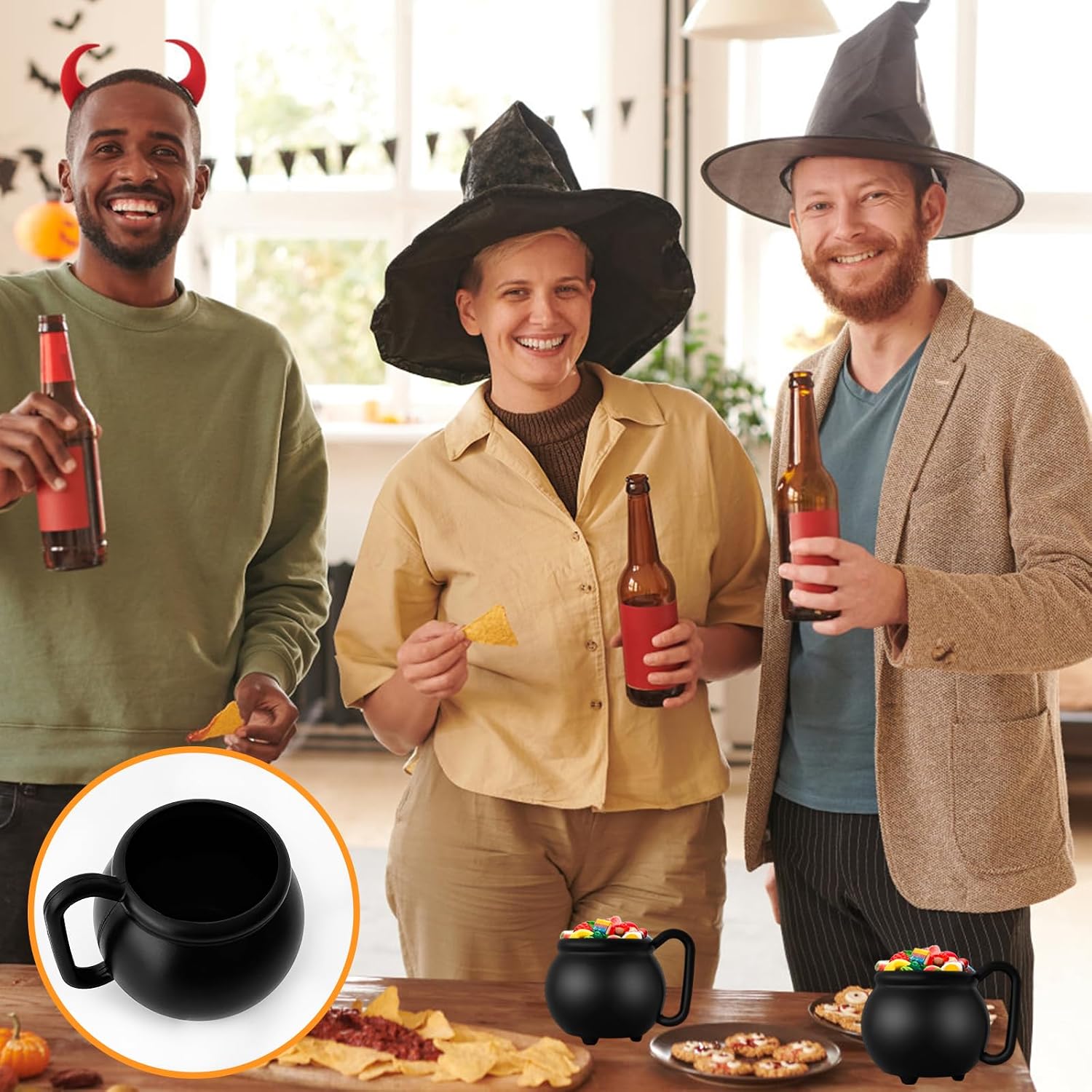 Meirrnyyu 12PCS 15 oz Cauldron Mugs,Black Kettle Mugs,Durable Witches Brew Mug for Halloween,Party Favors,St Patricks Day Party Supplies & Decorations