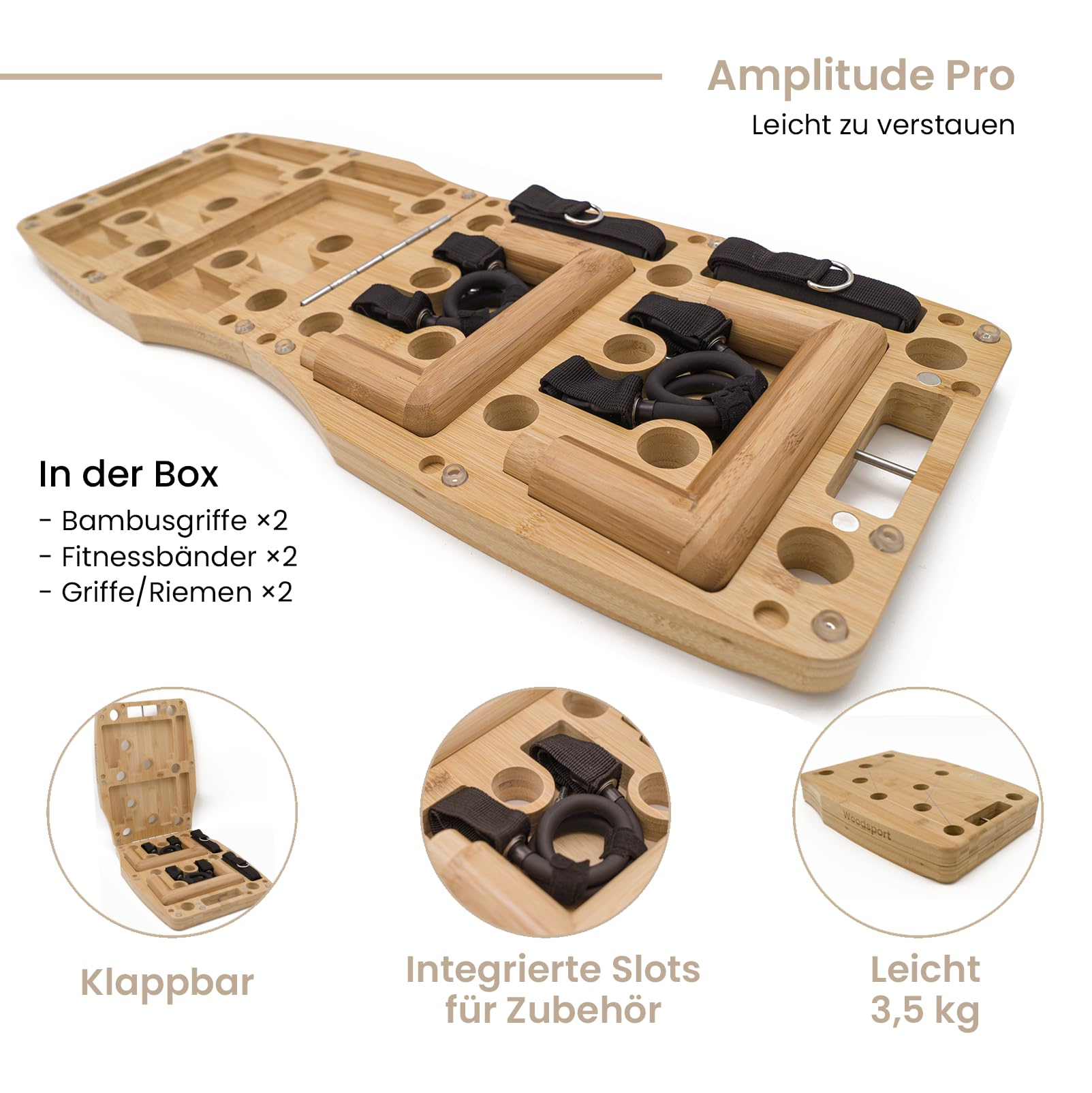 Pro – Liegestützbrett/Push up Board aus Bambus für Home gym – 81 cm Erwachsenengröße – Klappbares Fitnessgerät für Zuhause – inkl. Resistance Bands + 30-in-1 Trainingsguide