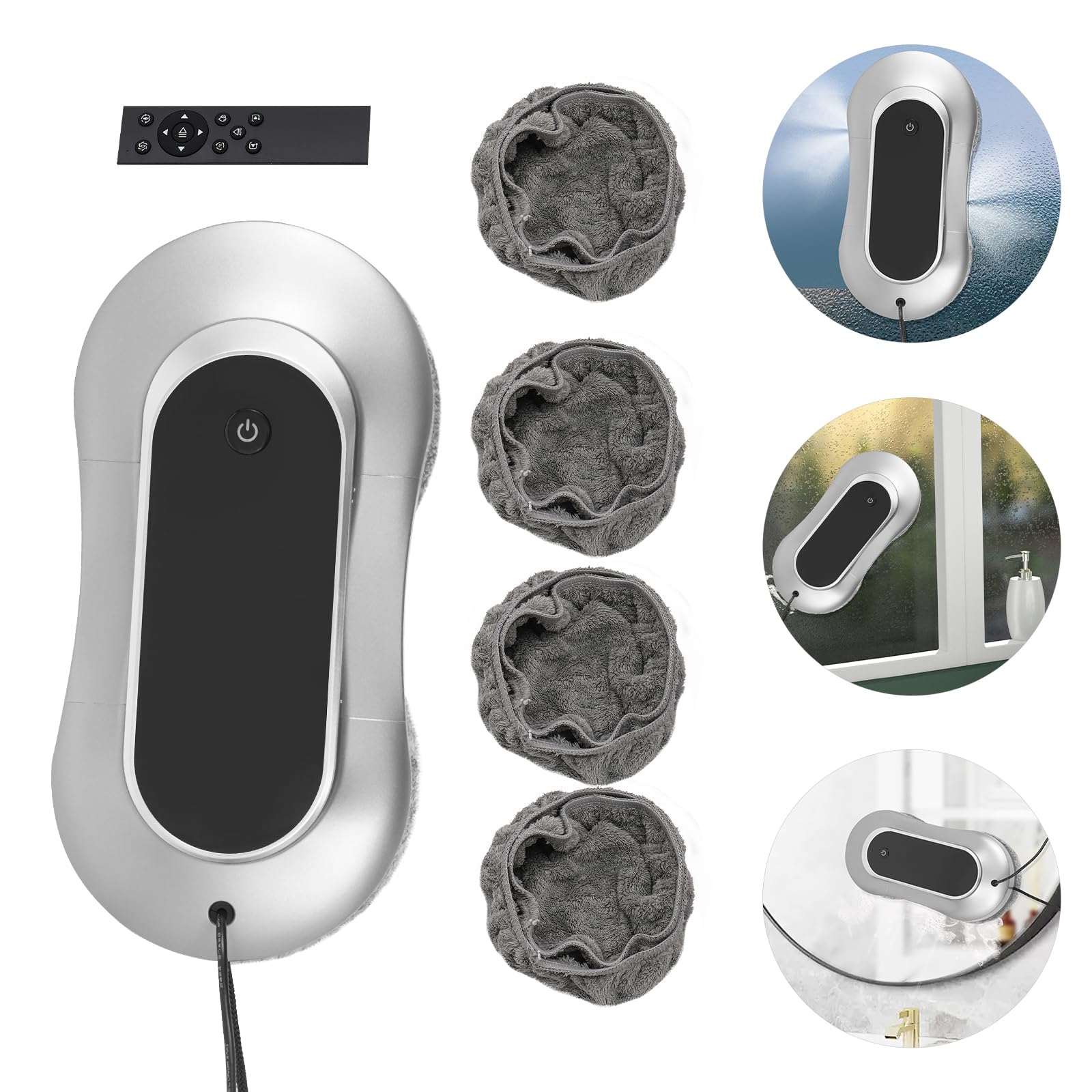 Robot limpiador de ventanas con fuerte succión y cuerda de | Motor sin escobillas con potencia de 80 W. Funcionamiento silencioso a aprox. 65 dB. Incluye depósito de agua de 70 ml y