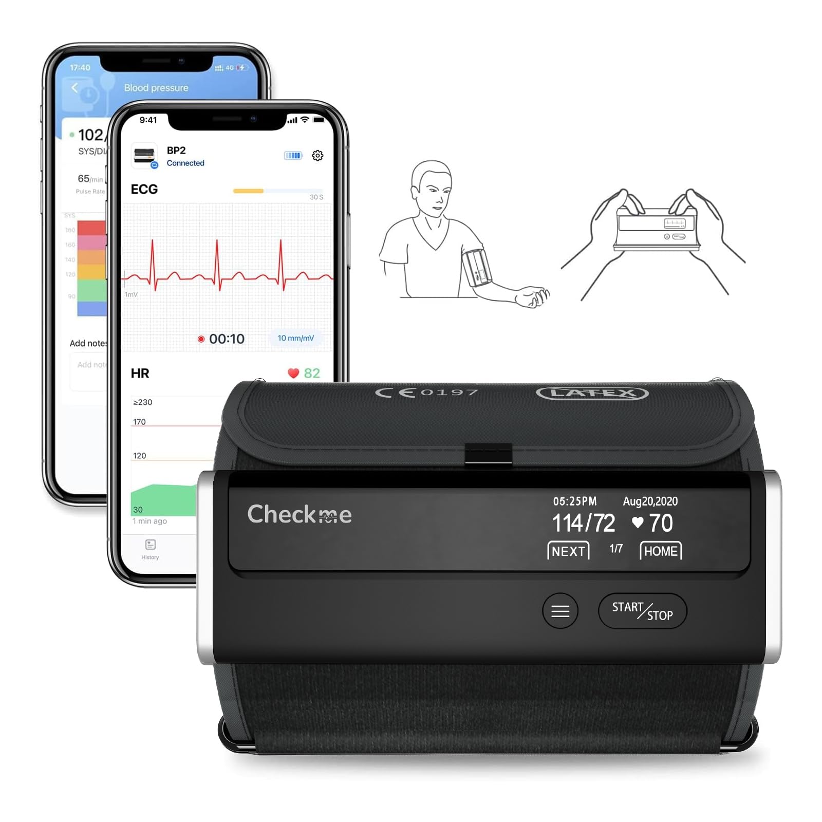 CheckMe BP2 Connect Arm Blood Pressure Monitor with ECG and AI Analysis Report, Media of 3 Measurements, Bluetooth & WiFi, Heart Rate Monitor, Unlimited Data Management APP (Android&iOS)