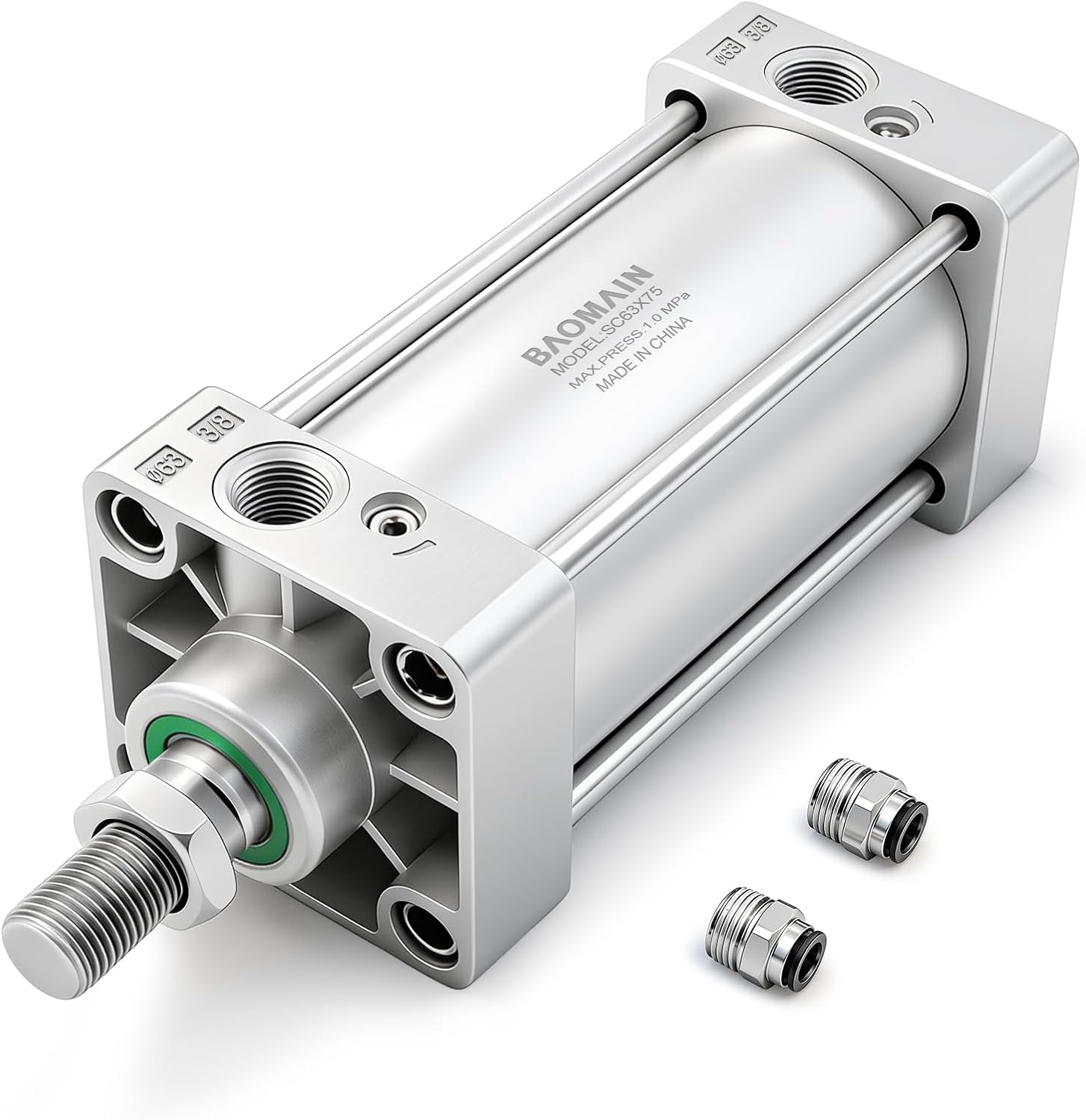 Baomain Pneumatic Air Cylinder SC 63 x 75, PT 3/8 Port, 2-1/2" Bore, 2.95" Stroke, Single Rod Double Acting, M16x1.5 Threaded Rod, with 2X Push-in Fittings