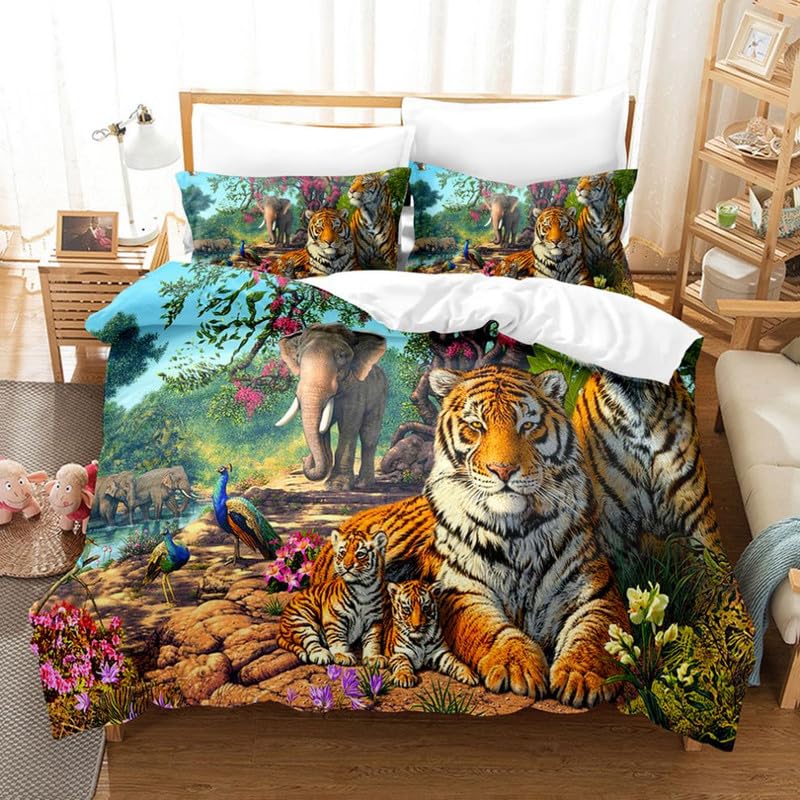 Parure de lit 90x190 enfant avec housse de couette tigre coloré et taie d'oreiller