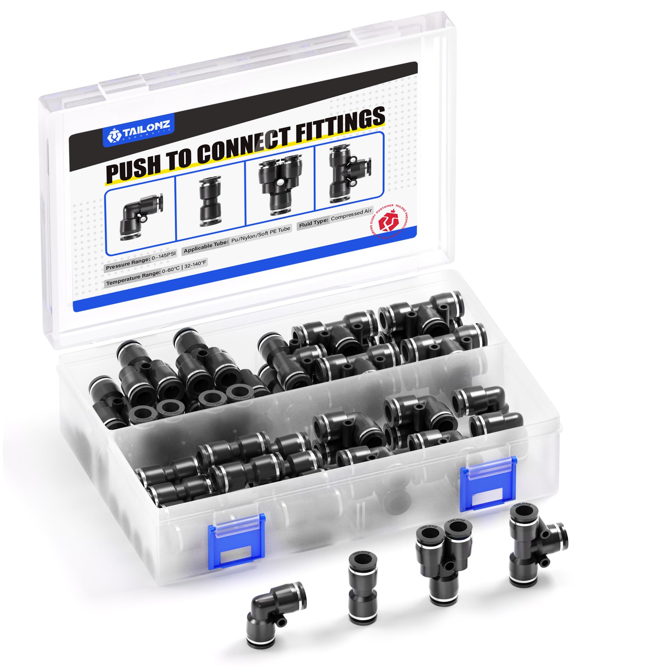 TAILONZ Pneumatic Black 1/4" od Push to Connect Fittings Pneumatic Fittings Kit 10 Splitters + 10 Angle + 10 Tee + 10 Straight (Pack of 40)