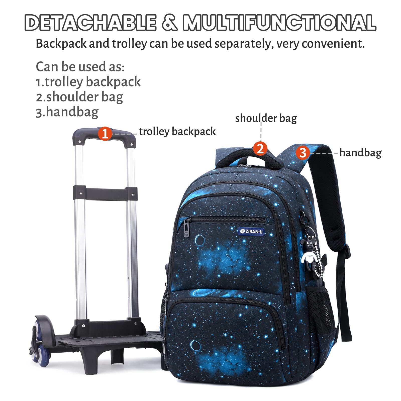 Amythe Mochila Escolar con Ruedas para Niños Adolescentes, 6 Ruedas | Mochilas con Carro para Niños, Mochila Trolley Chicos, Desmontable, Azul, Ideal para IR al Colegio o de Viaje