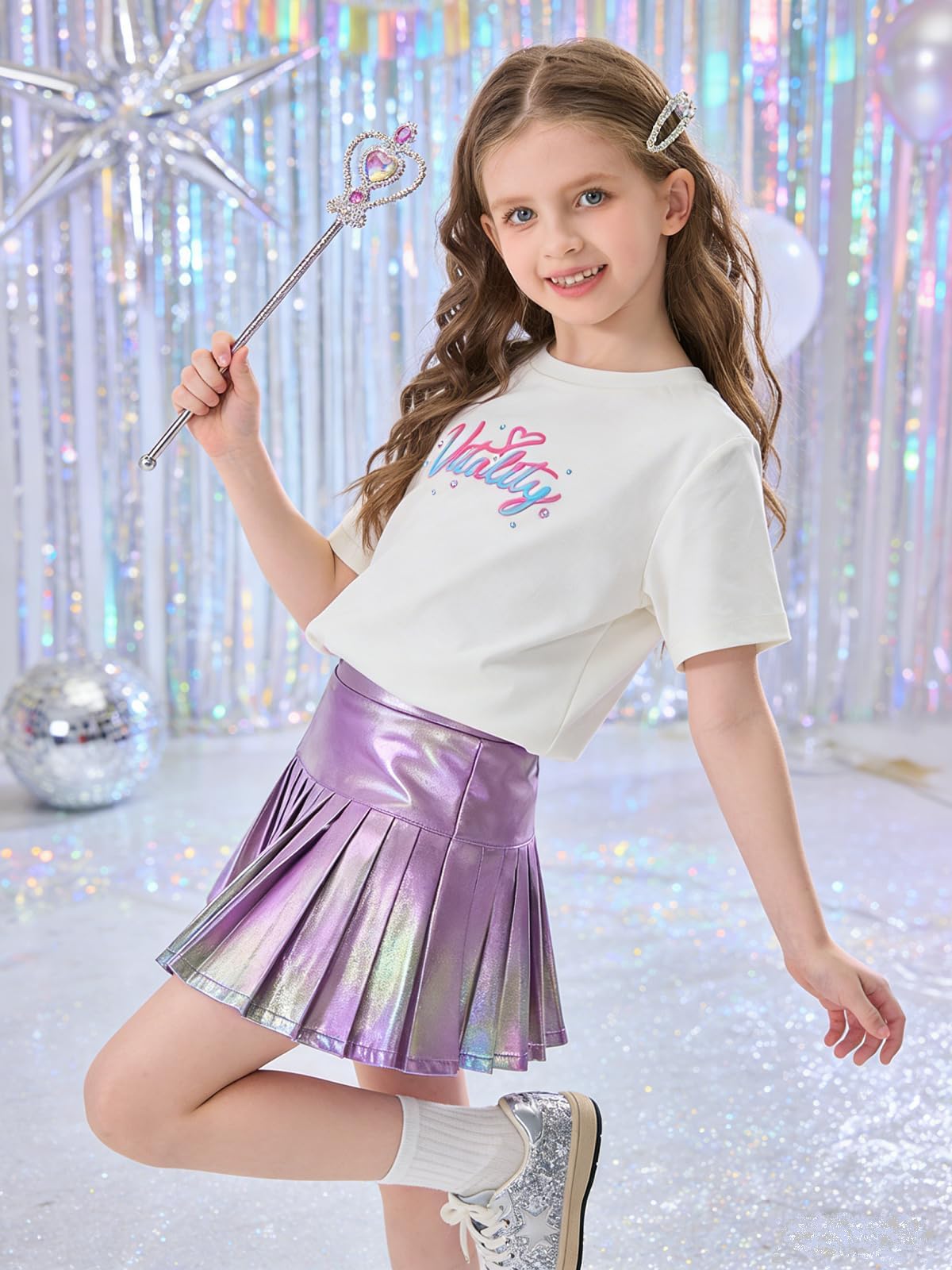 Miipat Gonna Metallizzata Scintillante A Pieghe per Bambina, Plissettata Gonna con a Pantaloncini Interni e Tasche Ragazze Minigonna Lucide Vita Elastica per Bambini Festa Ballo Danza Tennis