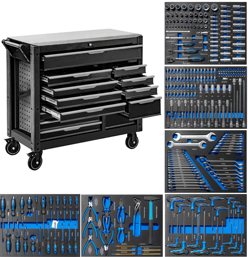 JOMAFA Carro de Taller Grande de 13 cajones con Bandeja de Acero Inoxidable, Edición XXL con 6 modulos de Herramientas Azul