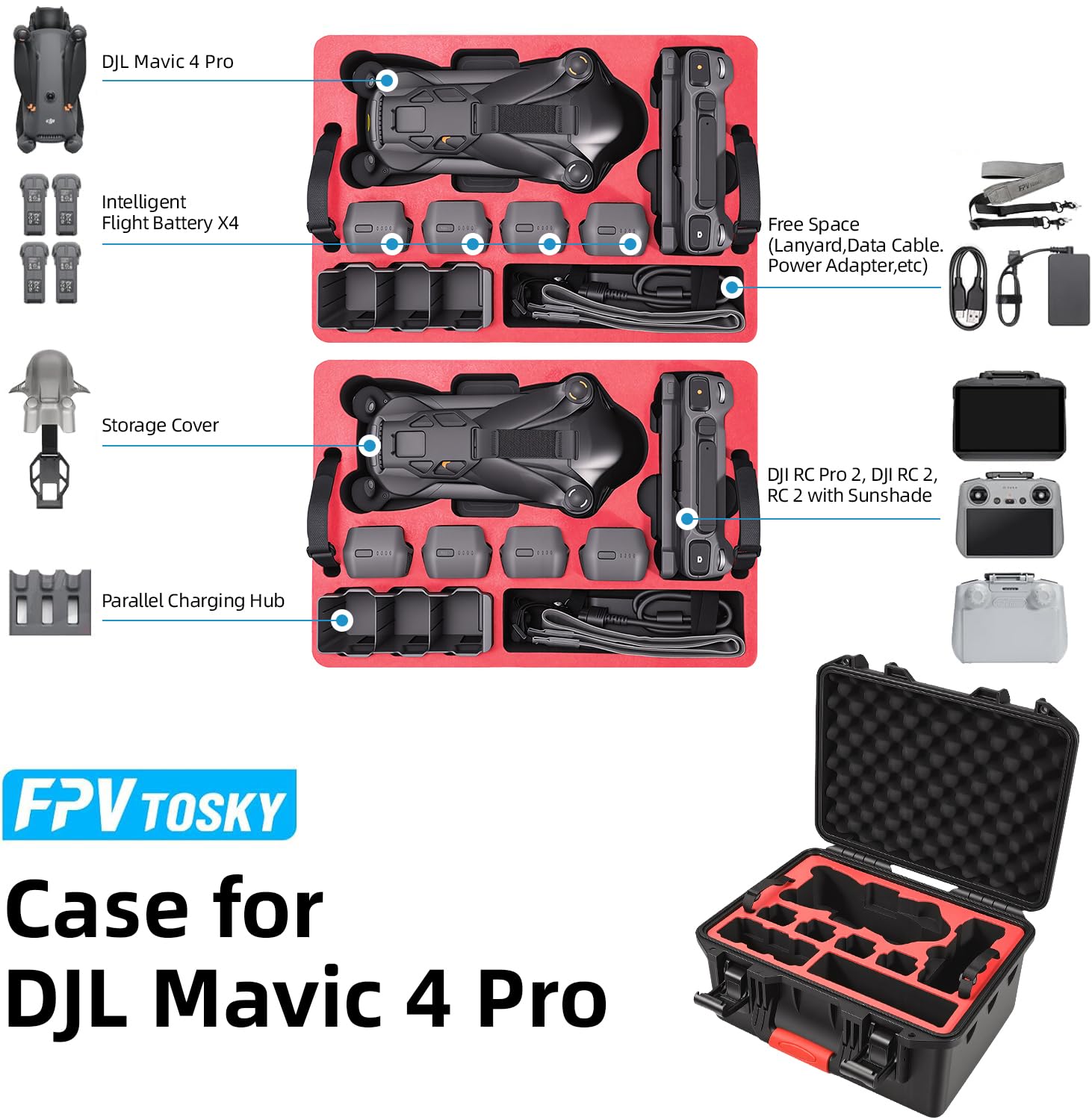 FPVtosky Custodia rigida a doppio strato per DJI Mavic 4 Pro (solo custodia), custodia rigida impermeabile per drone Mavic 4 Pro, borsa da viaggio per DJI Mavic 4 Pro Fly e altri accessori combinati