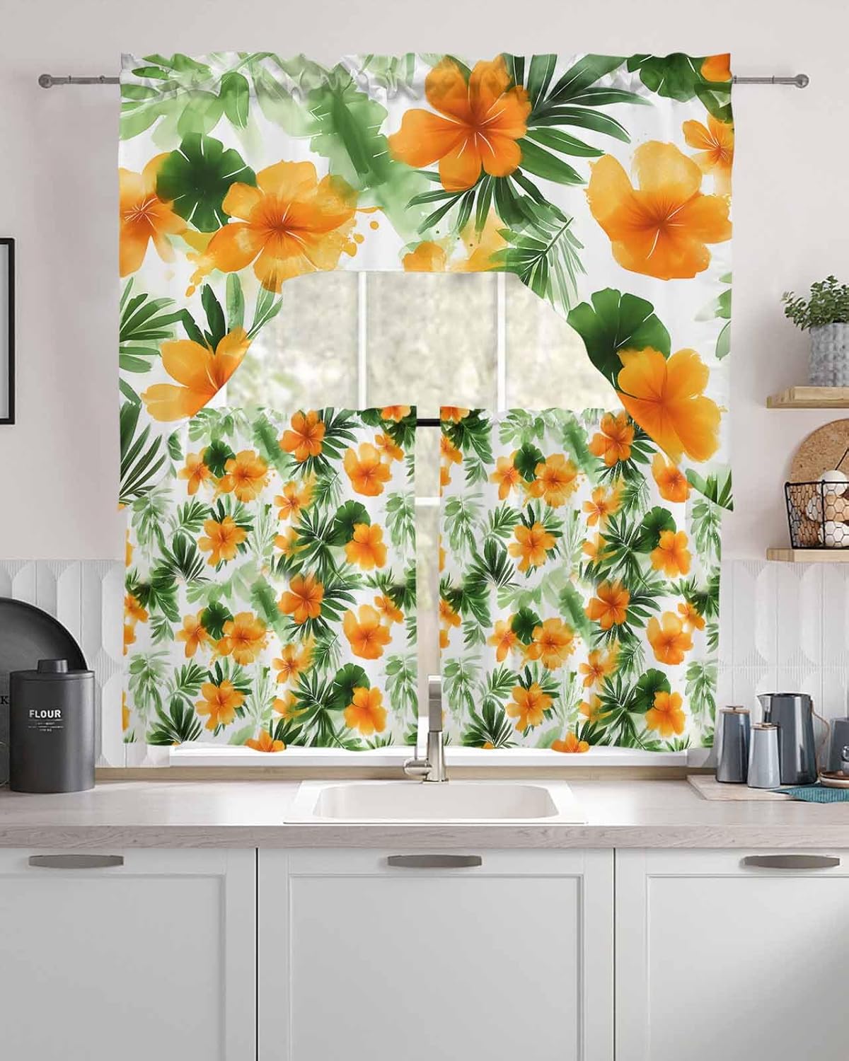 YOKOU Swag Curtain Valance, Hawaiian Hibiscus Flower Tropical Leaves Rod Pocket Window Curtain for Kitchen Bedroom Bathroom, 3 Pieces 24 Inch Long Summer Orange Green