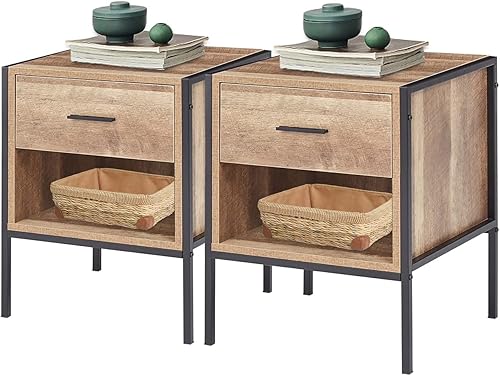 Kinsuite Juego de 2 mesitas de noche industriales, mesas auxiliares con cajón y estante de almacenamiento, mesita de noche de madera rústica para