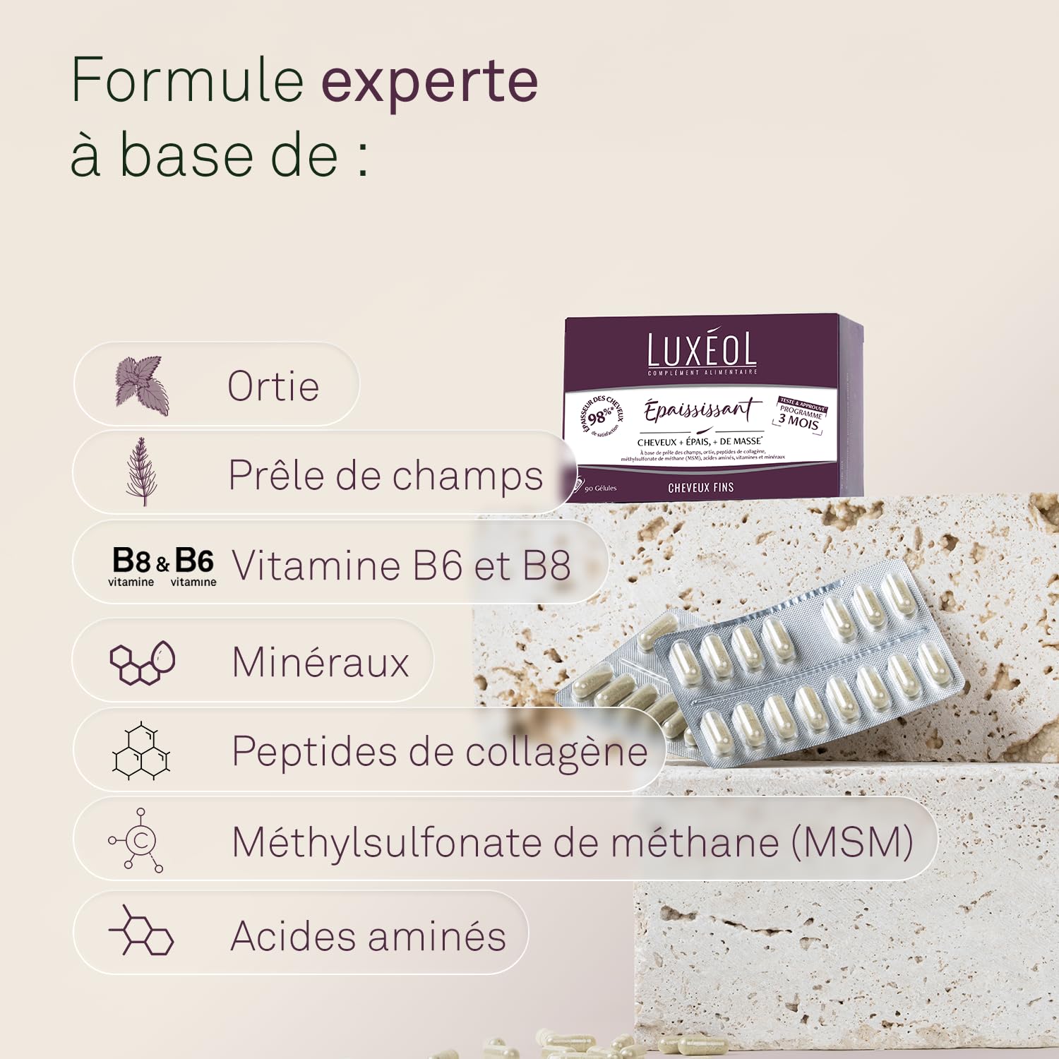 LUXEOL - Complément Alimentaire Epaississant - Cheveux + Epais* - À Base de plantes, peptides de collagène, MSM, acides aminés, Vitamines & Minéraux - Fabriqué en France - 90 gélules (= 90 jours)