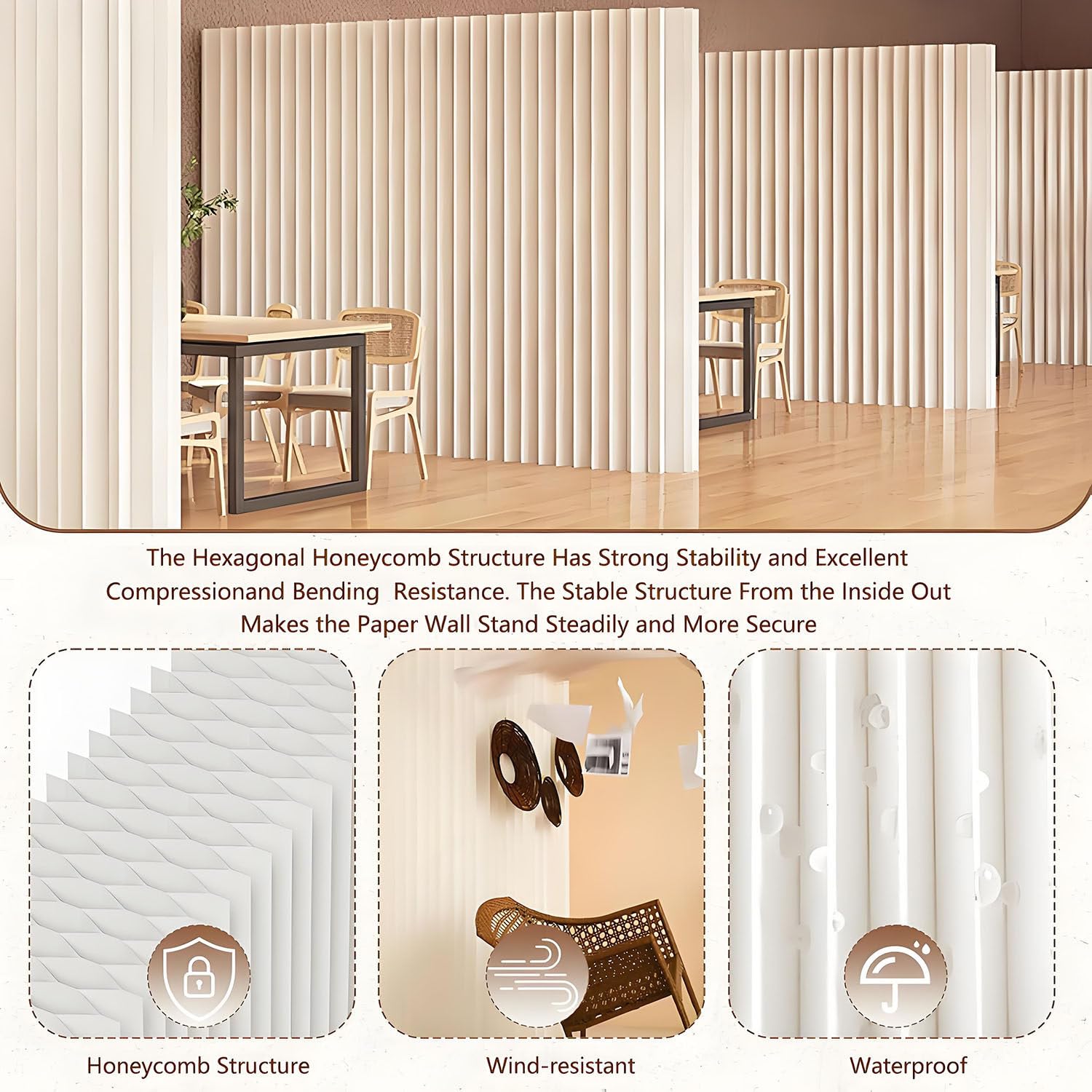 Separador de ambientes de papel, mampara divisoria de oficina portátil, pantalla divisoria de papel plegable para privacidad, separador de ambientes, mampara independiente para interiores White-3x2m