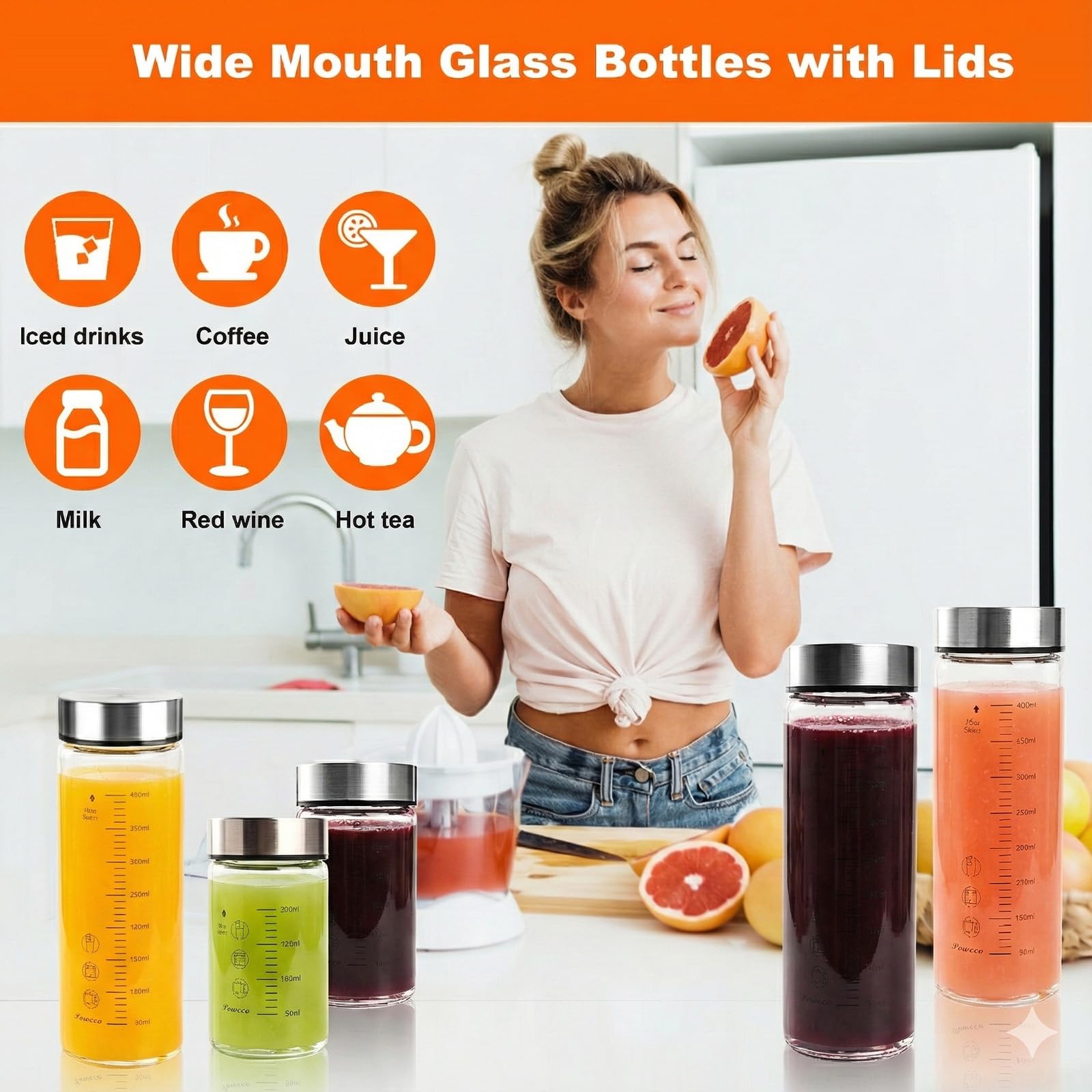 Lot de 6 bouteilles d'eau en verre de 355 ml à large goulot avec couvercles, pour jus, protéines, smoothie, lait, réutilisables, sans BPA, couvercles en acier inoxydable, mélangeur, shaker (400 ml)