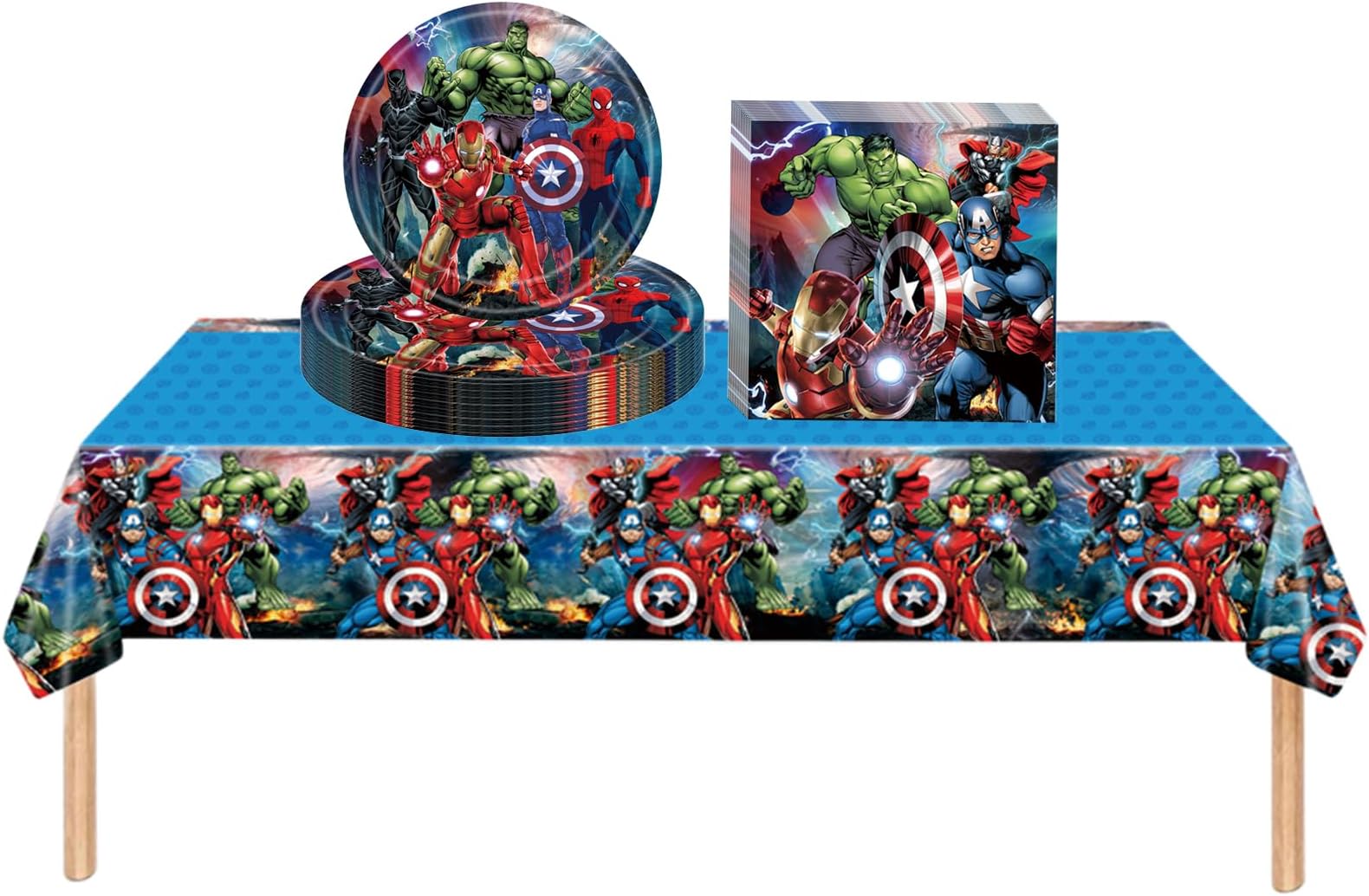 Marvel Avengers S-uperhero Party Tableware Disposable Set,37P Captain America S-uper Hero Party Decorations Plastic Table Cloth,Paper Plates Napkins for Kids Boys Birthday Marvel Parties Supplies