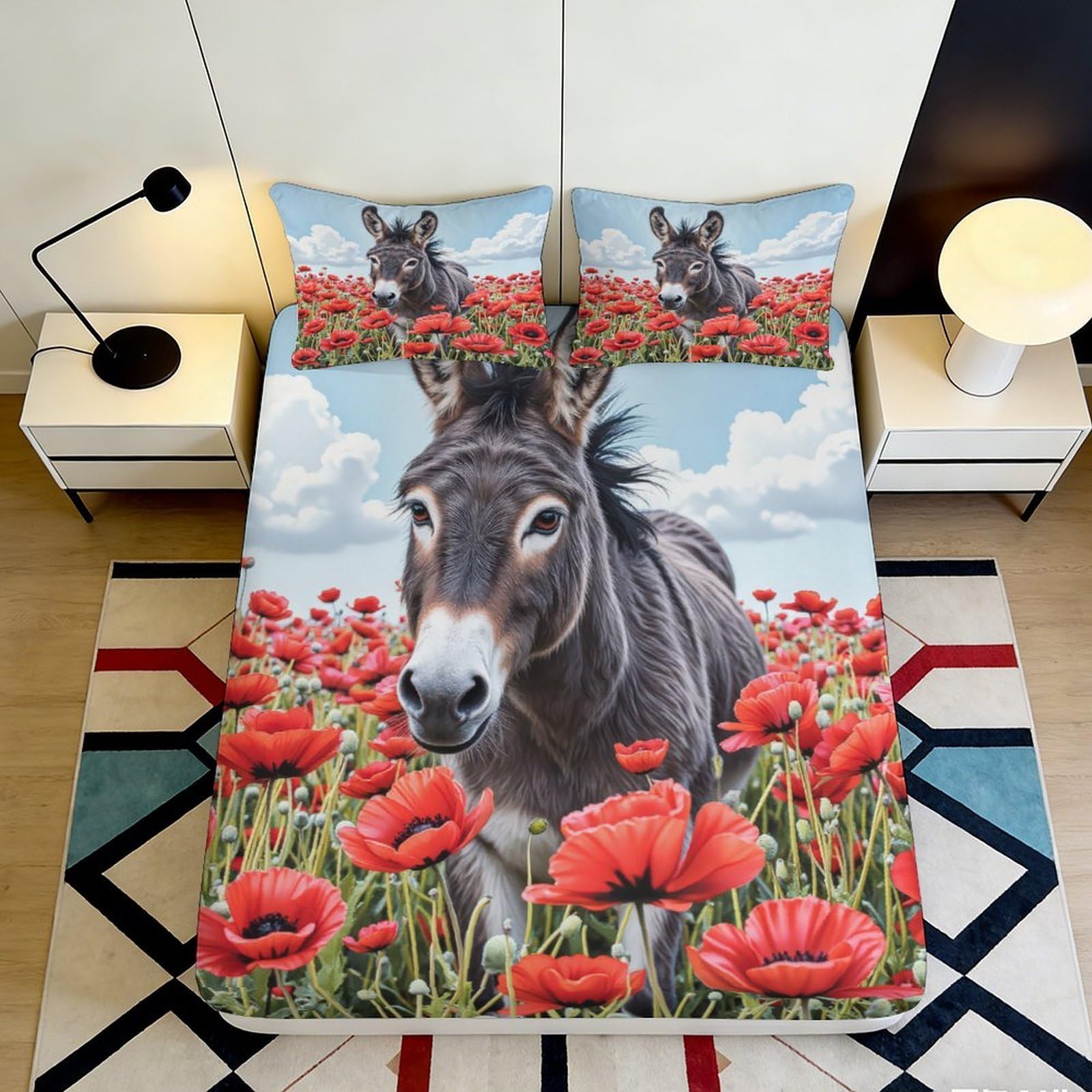 Pnayamiorkfel Style-5 3D Printed Donkey Meadow Fitted Sheet Microfiber Soft Art Poppy Field Bed Cover For Bedroom Guest Room Decor 90X200x25cm