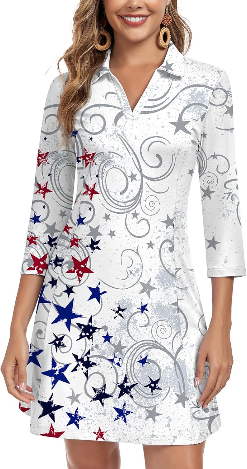 WOWENY 3/4 Sleeve Dress for Women with Pockets V Neck UPF 50+ Casual Sun Dress Breathable Quick Dry Beach Vacation
