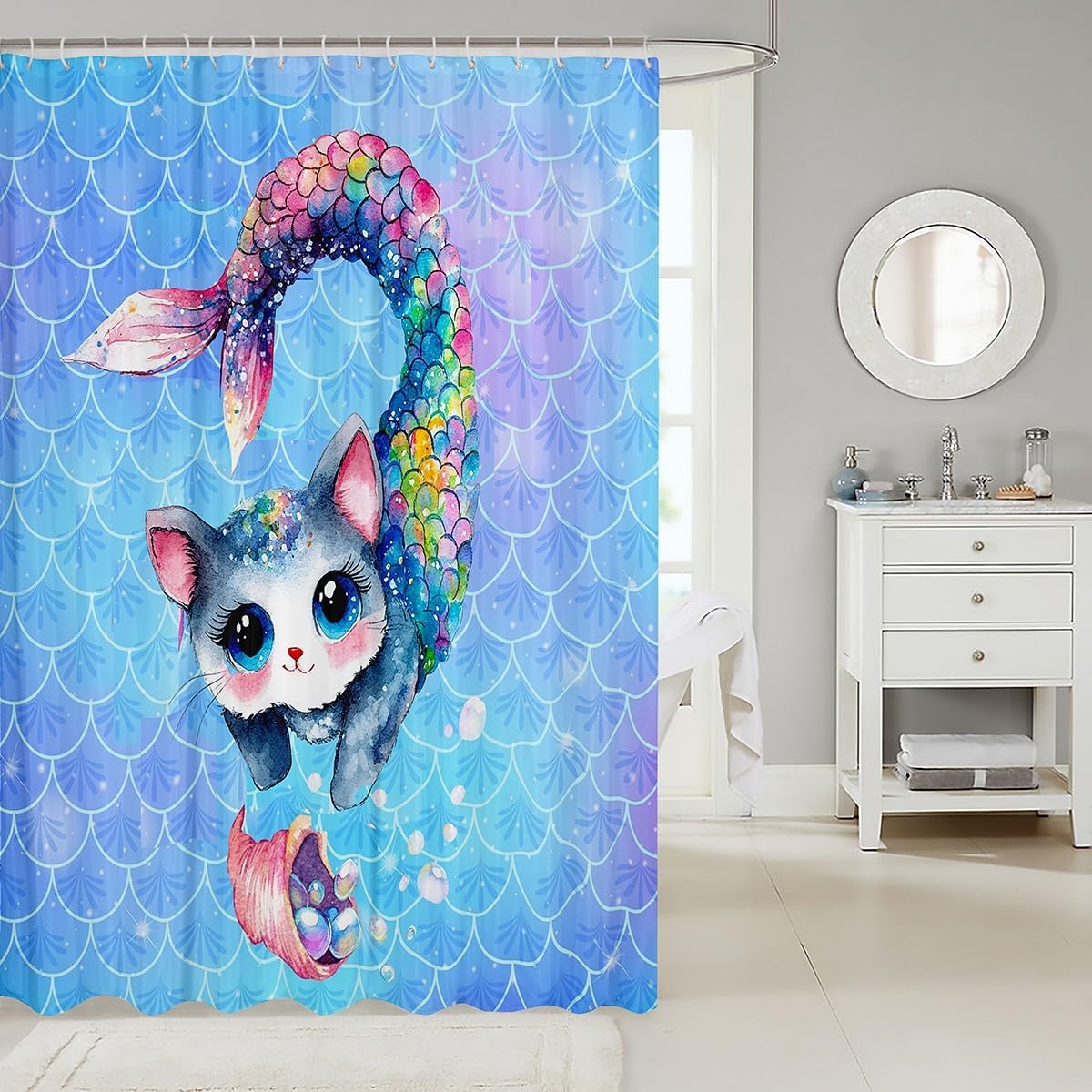 Feelyou Rainbow Cartoon Cat Fabric Bathroom Shower Curtain Set Colorful Mermaid Shower Curtain for Bathroom Decor Blue Mermaid Scales Bath Curtain Ocean Gradient Style Bathroom Accessories 72"x78"