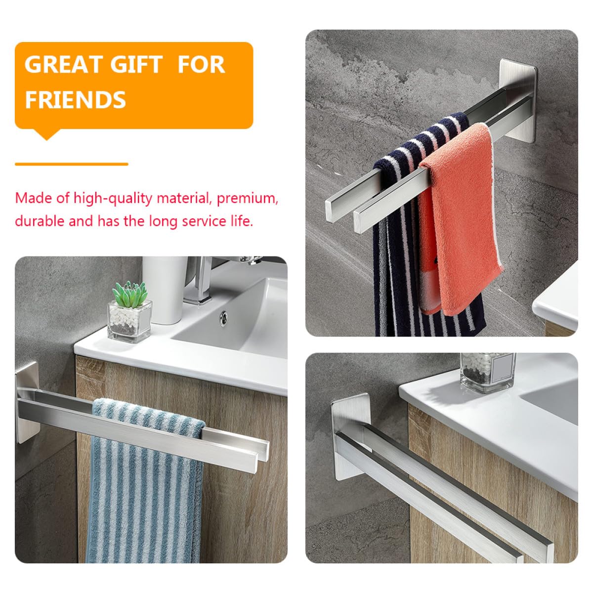 TIDTALEO Mensola Portasciugamani da Bagno in Acciaio Inox 304 senza Fori Portasciugamani Doppio Palo 39 CM Installazione Adesiva per Cucina e Bagno
