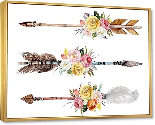 Miniatura 3 de DesignQ Ethnic Feathers and Flowers on Native Arrows II - Lienzo enmarcado bohemio y ecléctico para pared, marrón, 32 x 24 pulgadas
