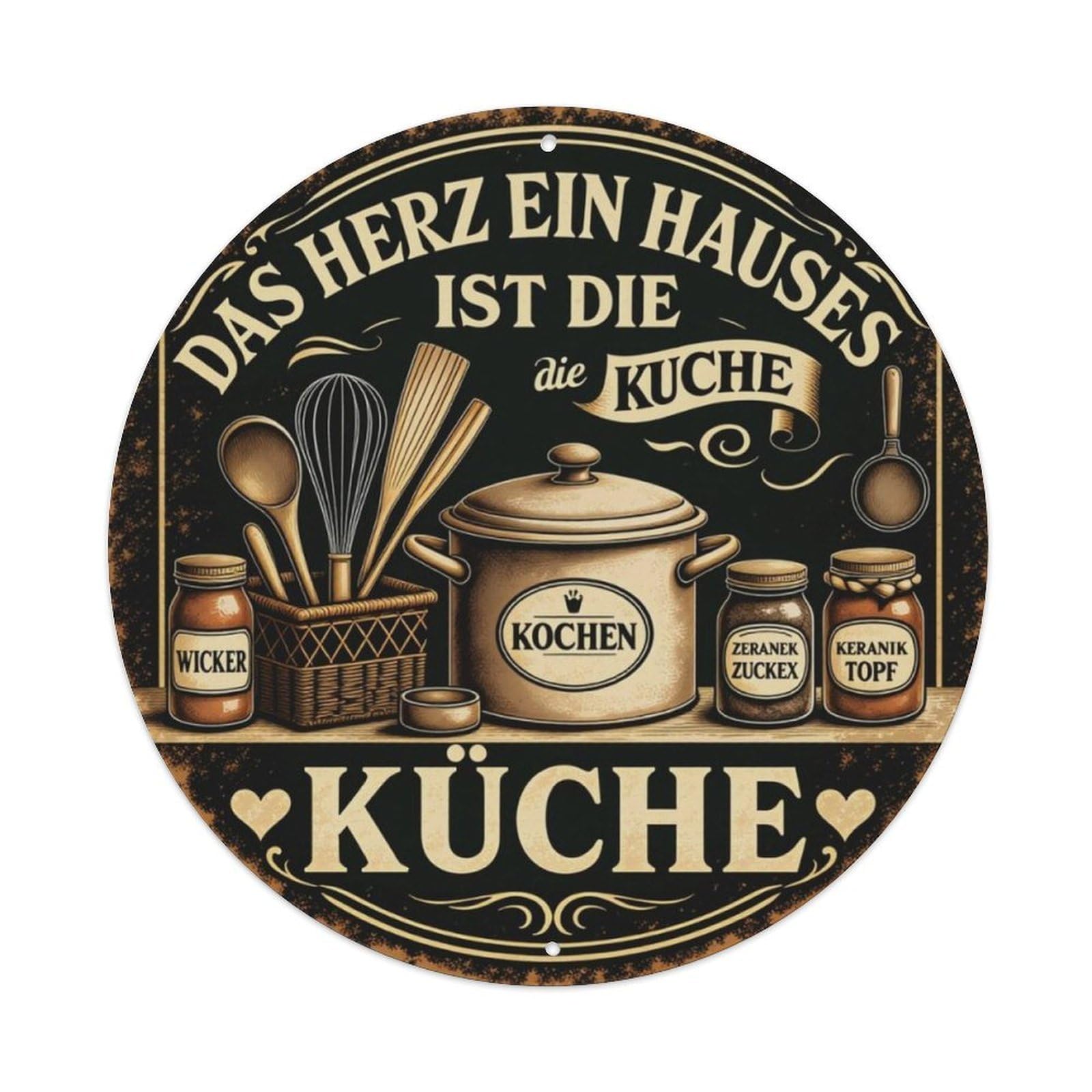 Vintage Kitchen Utensils German Home Round Decor Sign Vintage Aluminium Metal Sign, Retro Wall Decor for Home, Bar, Garage & Farmhouse 20x20cm