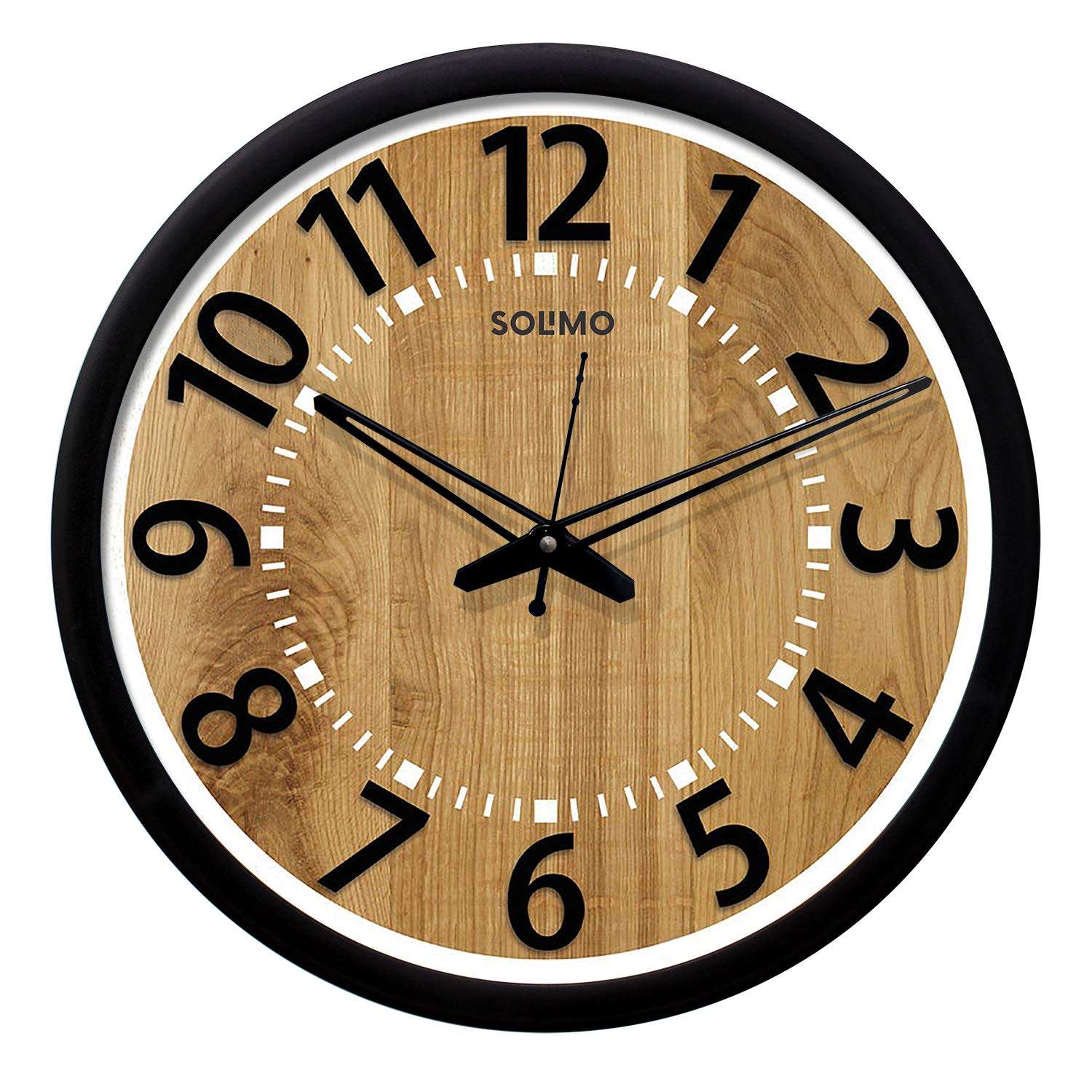 Amazon Brand - Solimo 12-inch Plastic & Glass Wall Clock - Bold Numerals (Silent Movement, Black Frame)