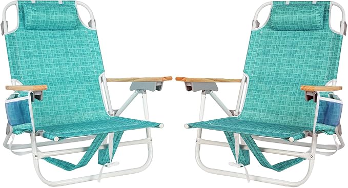 2 Pack Backpack Beach Chairs for Adults Capacity 300 Lb Low 5 Position Beach Chair with Pouch Straps Folding Lightweight Reclining Aluminum (Green Grid)