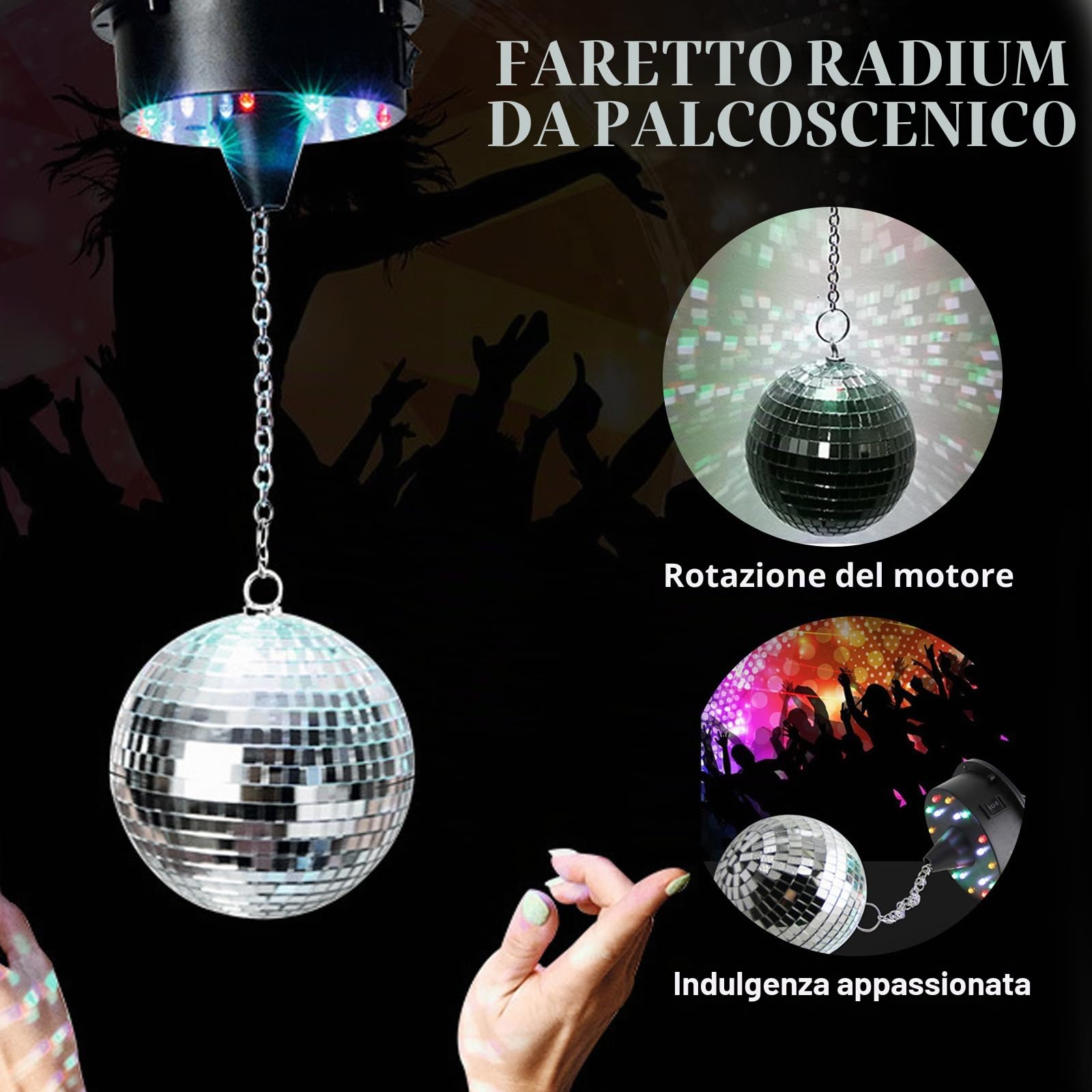 Sfera da discoteca 12 cm con motore e LED, Sfera a specchi rotante con 18 perline LED, alimentata a batteria, palla da discoteca con occhiello metallico, decorazione palla da discoteca per feste