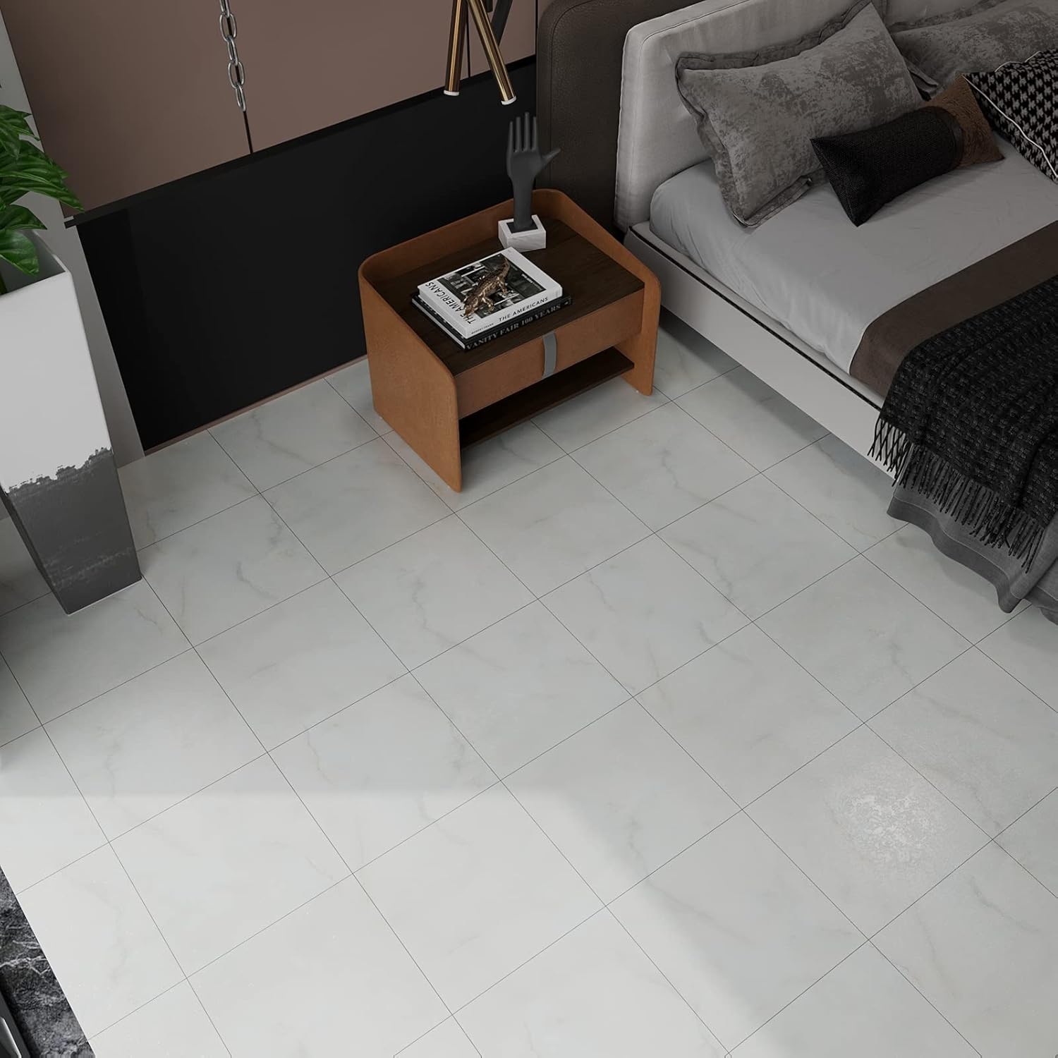 VEELIKE Off-white Marble Vinyl Floor Tiles Peel and Stick Floor Tile Waterproof Self Adhesive 24 Pack White Vinyl Flooring Sheets for Bathroom Bedroom Kitchen Powder Room Renter Friendly Flooring Tile