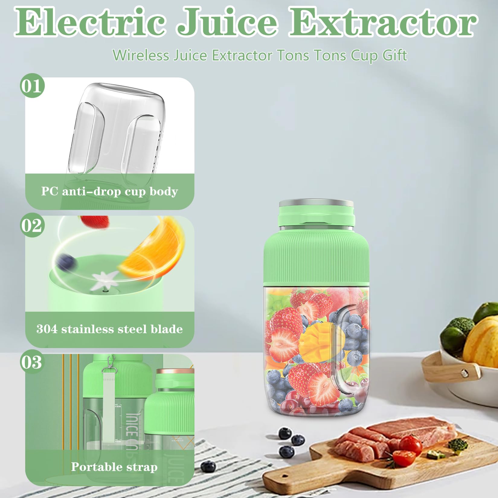 Elektrischer Tragbarer Mixer für Smoothies und Shakes,USB mit 6 Klingen für Saft Shake Smoothie und Babynahrung für Familie Outdoor Reisen für Saft, Babynahrung, Reisen, BPA-Free (Grün & Weiß)