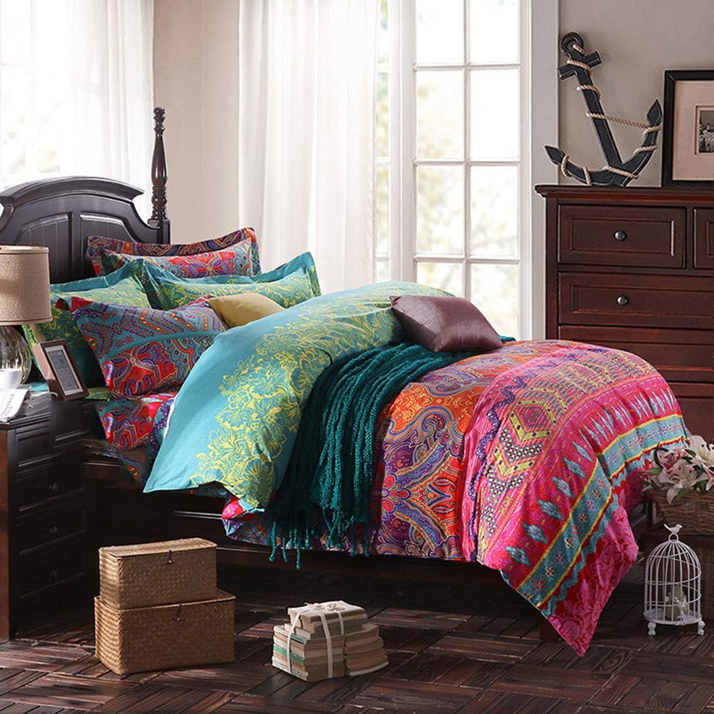 Jingzhang Bohemian Duvet Cover Twin Size Vintage Exotic Bohemian Bedding Set 2Pcs Colorful Ethnic Floral Decoration Quilt Cover 100% Microfiber Mandala Floral Print Comforter Cover with Zipper Ties