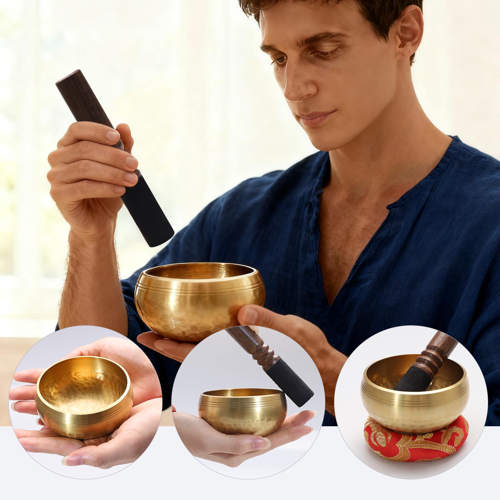 Campana Tibetana Set – Fatto a Mano in Ottone – con Bastoncino in Legno Cuscino e Sacchetto – Ideale per Meditazione Yoga Guarigione dei Chakra Regalo Zen (9.5cm)