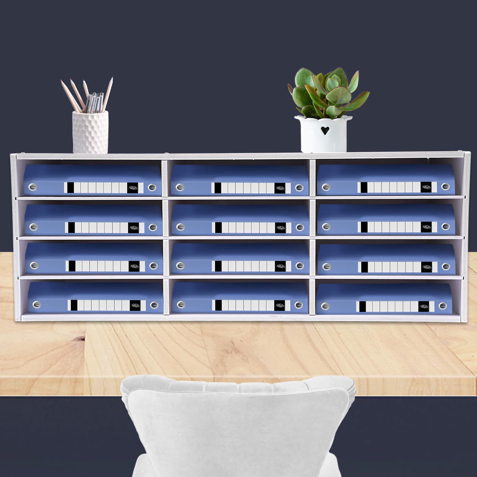 12 przegródek, organizer na dokumenty biurowe z PCW, wolnostojący organizer na biurko, półka na dokumenty, stojak na czasopisma, regał poziomowy, 80 x 30,8 x 30 cm (biały)