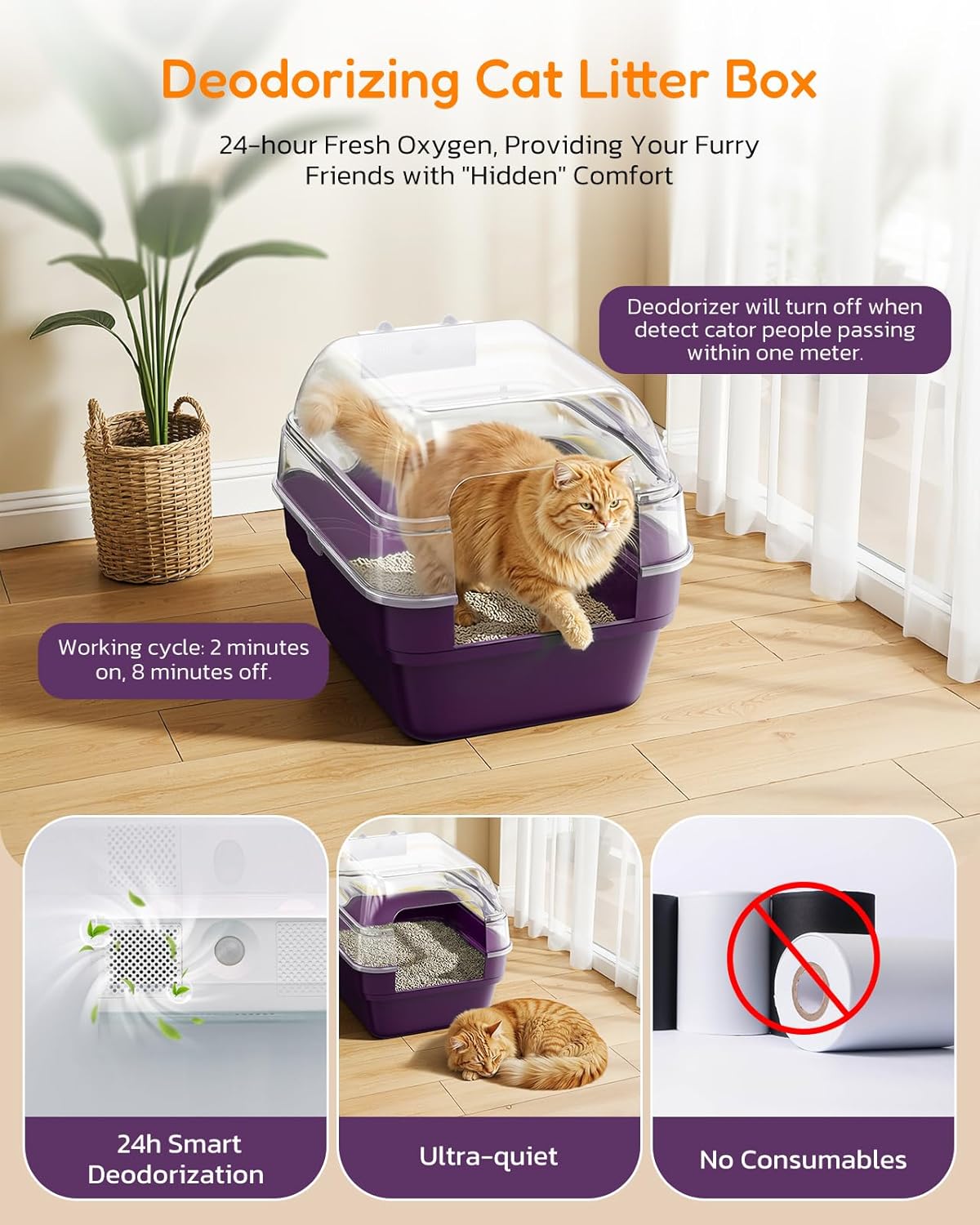 Large Cat Litter Box with Transparent Lid, Foldable Hooded Litter Box with Front Door Flap for Privacy, Easy Clean Non-Sticky Litter Box with Intelligent Deodorizing, (21.6" L x 17.8" W x 17.3" H)