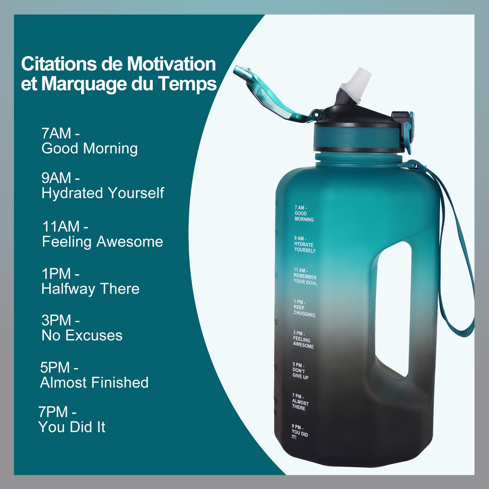 Gourde 2,2L avec Paille, Gourde Motivation Sans BPA | Grande Capacité, Ouverture Large, Salle de Sport, Hydratation Quotidienne