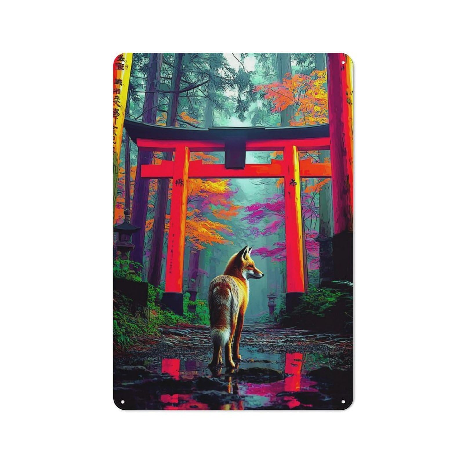 Junmoney Fox At The Torii Gate -1 For Man Cave Or Games Room, Retro Metal Plaque 30X20cm, For Metal Sign Collectors, For Garage And Workshop Walls