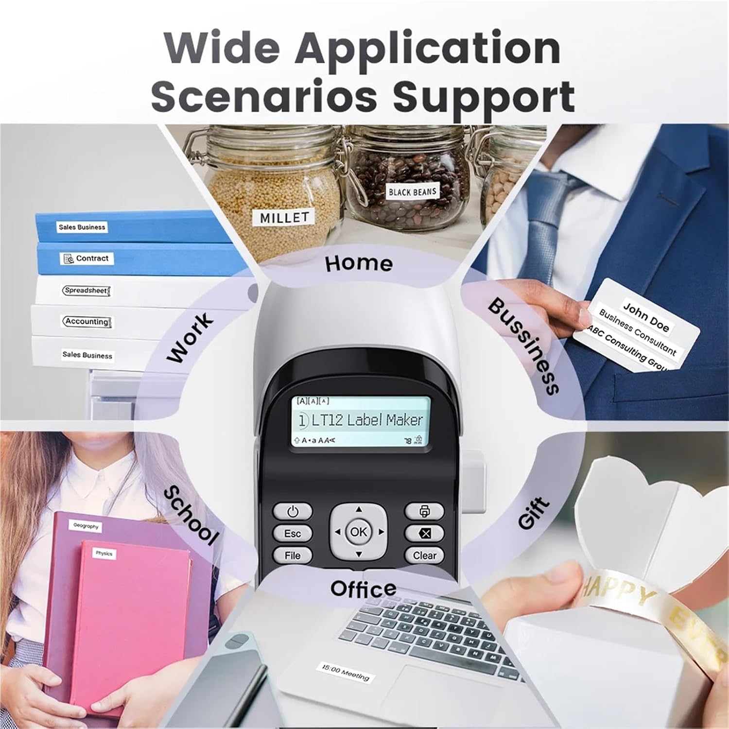 Handheld Industrial Label Printer, LT12 Label Maker Portable Inkless Printer Bluetooth Handheld Sticker for Office Home QWERTY Keyboard One-Touch Key(Black Printer)