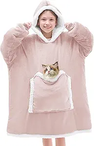 JOYWOO Pink Kids Wearable Blanket Hoodie,Oversized Cat lovers Hoodie Blanket for kids & Teens,Birthday Gifts for Girl Boys,Warm Cozy Fuzzy Sherpa Fleece Blanket with Giant Pocket Gifts,Dusty Pink