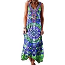 Women's Boho Floral Maxi Sundress Casual Loose Summer Sleeveless Flowy Beach Vacation Tank Dress Plus Size