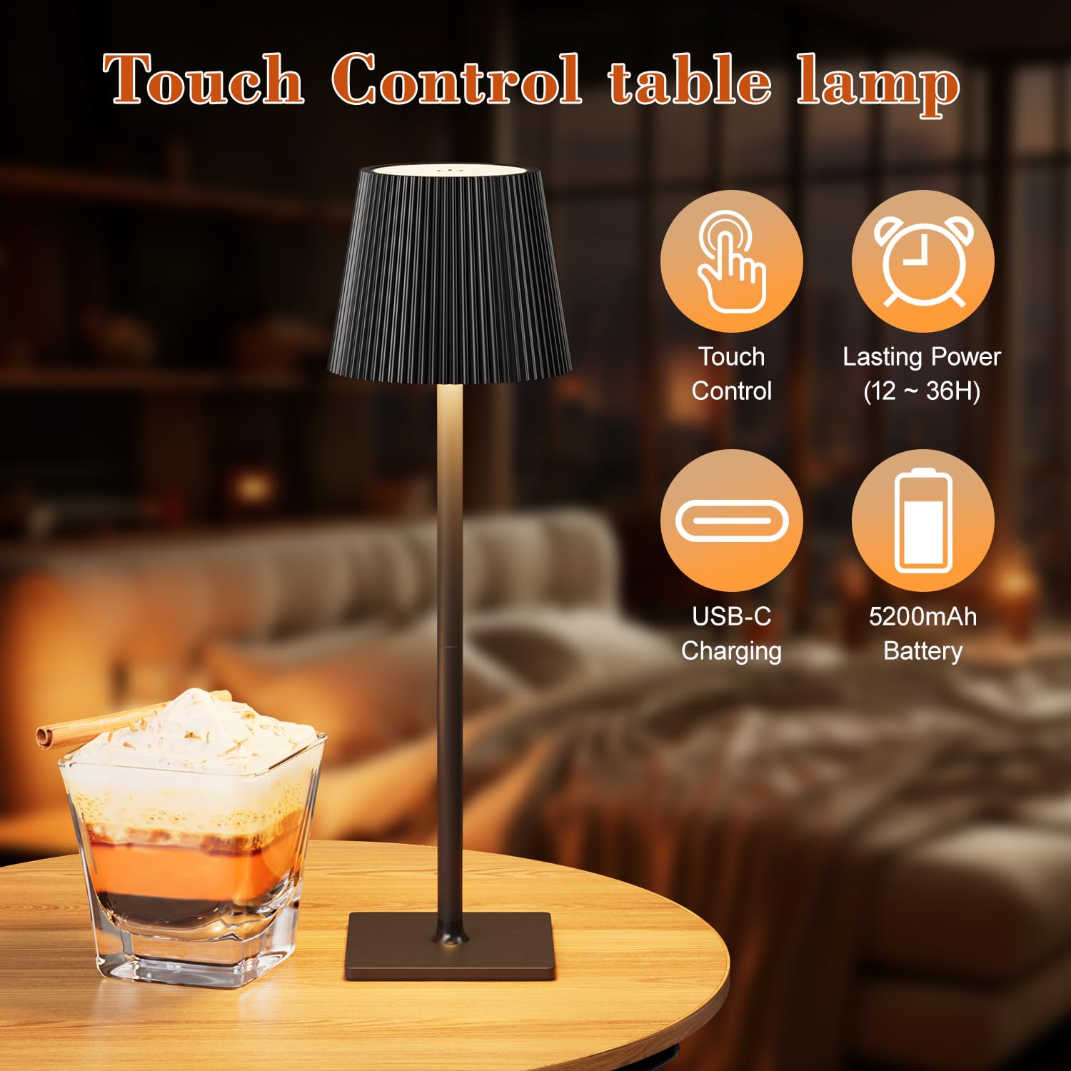 WOKWOYIO Lampada da tavolo senza fili, lampada da comodino a 3 temperature di colore con luce a batteria dimmerabile Lampada da tavolo a LED touch per soggiorno camera da letto, nero