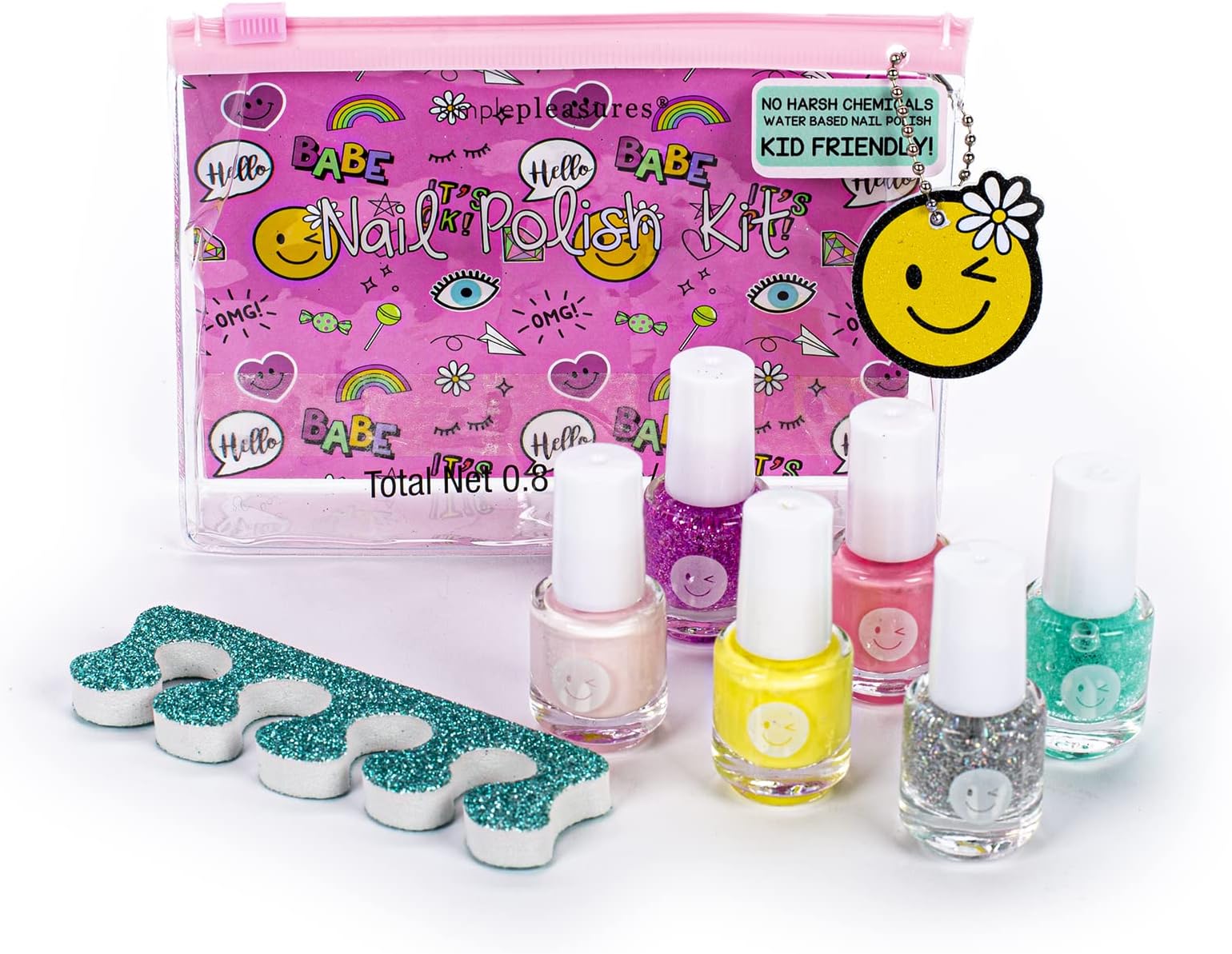 SIMPLE PLEASURES9-Piece Nail Polish Kit with 6 Shimmering Nail Polish Shades, Glittery Toe Separator, Emery Board Nail File, and Emoji Themed Clear Plastic Carry Pouch Purse with Zipper
