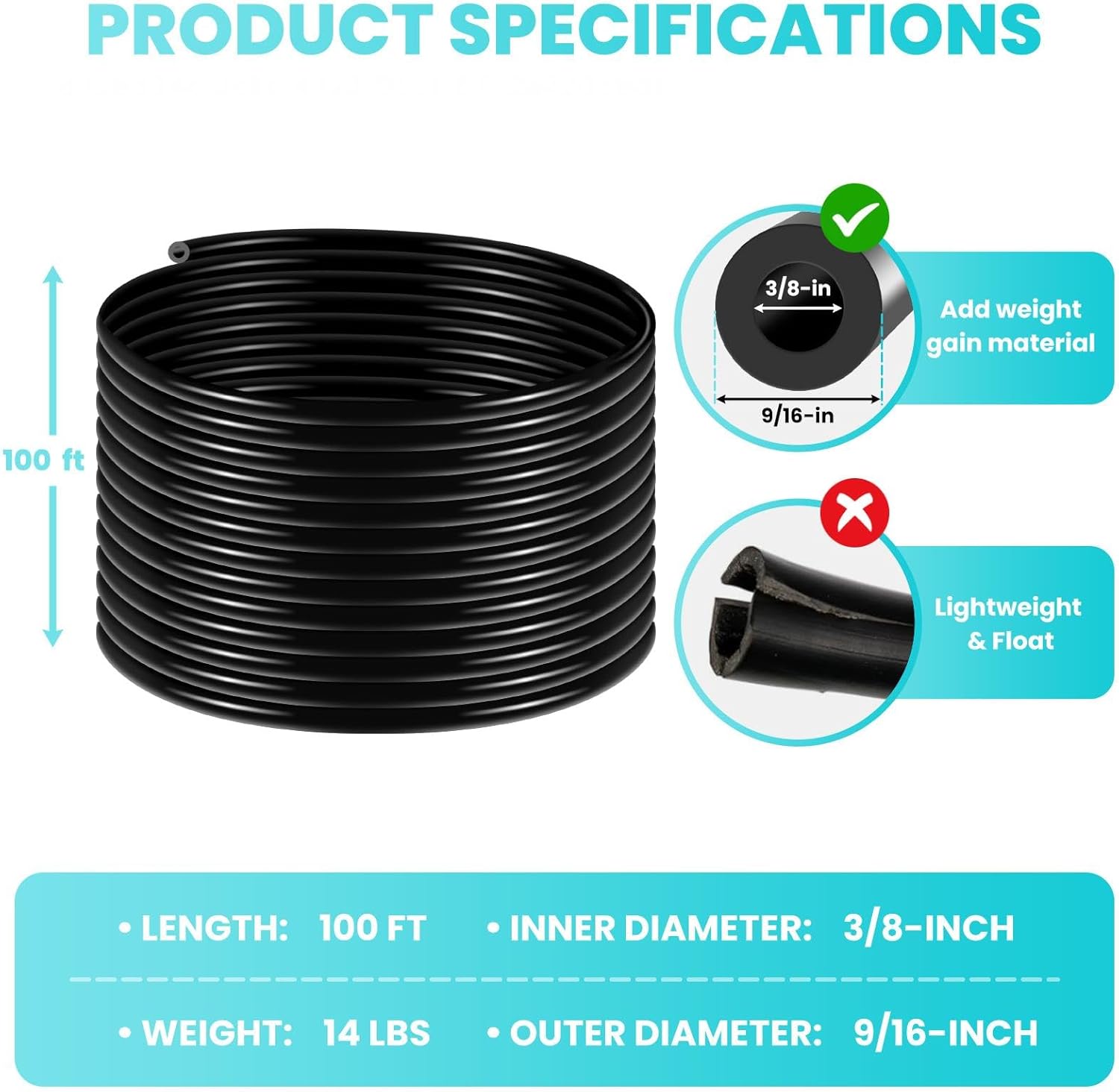 3/8 Inch Self Sinking Aeration Hose, 100FT Weighted Tubing for Pond Aeration System, Includes 10 Stainless Clamps and 4 Menders