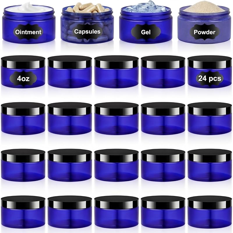 Dandat Frascos Cosméticos Azuis de PET com Tampas Pretas e Etiquetas, 24 unidades de 120 mL