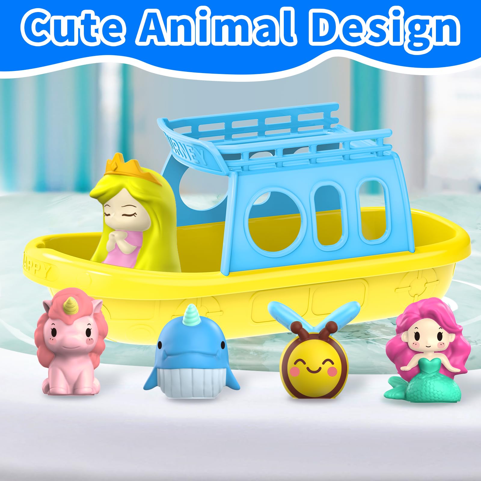Juguetes de baño de princesa sirena (5 piezas) para niños pequeños de 1 a 3 años con bote de baño, juguetes de ducha para bañera de bebé, abeja de ballena animal, juguetes flotantes de agua 5