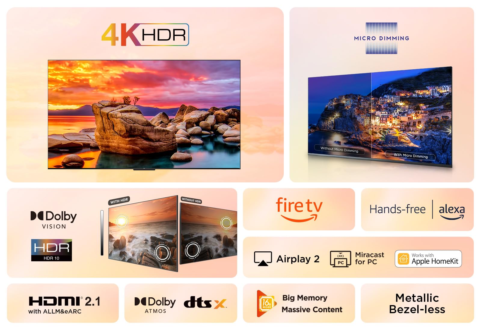 TCL 50PF650, 50" 4K UHD Smart TV, Fire TV (Dolby Vision, Dolby Atmos, DTS, HDR 10, Alexa Integrado, Airplay2, Miracast)
