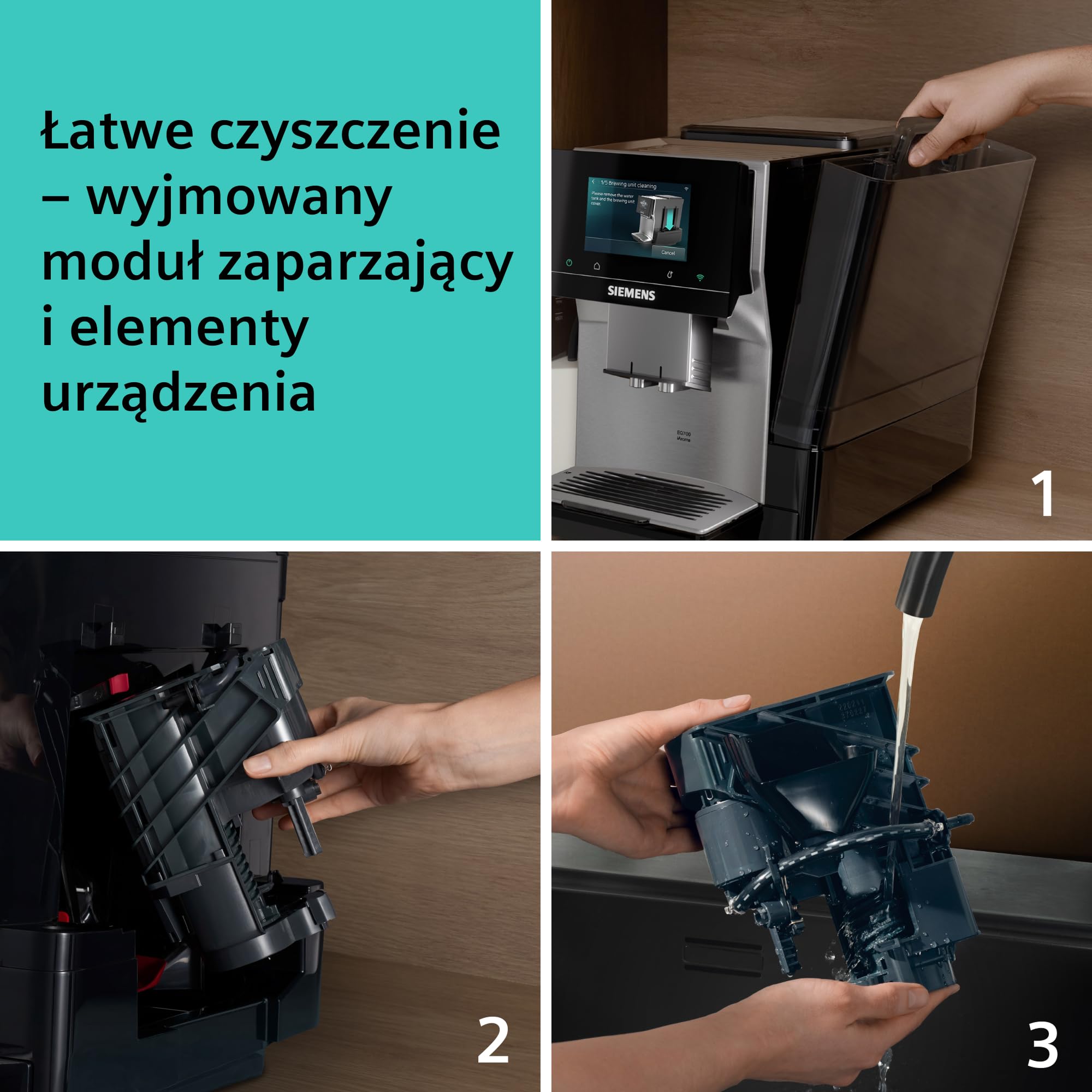 Siemens, automatyczny ekspres do kawy, EQ700 iAroma, wyświetlacz dotykowy, zintegrowany pojemnik na mleko, podgrzewacz filiżanek, Cold Brew i Slow Brew, stal nierdzewna/czarny, TQ727E03