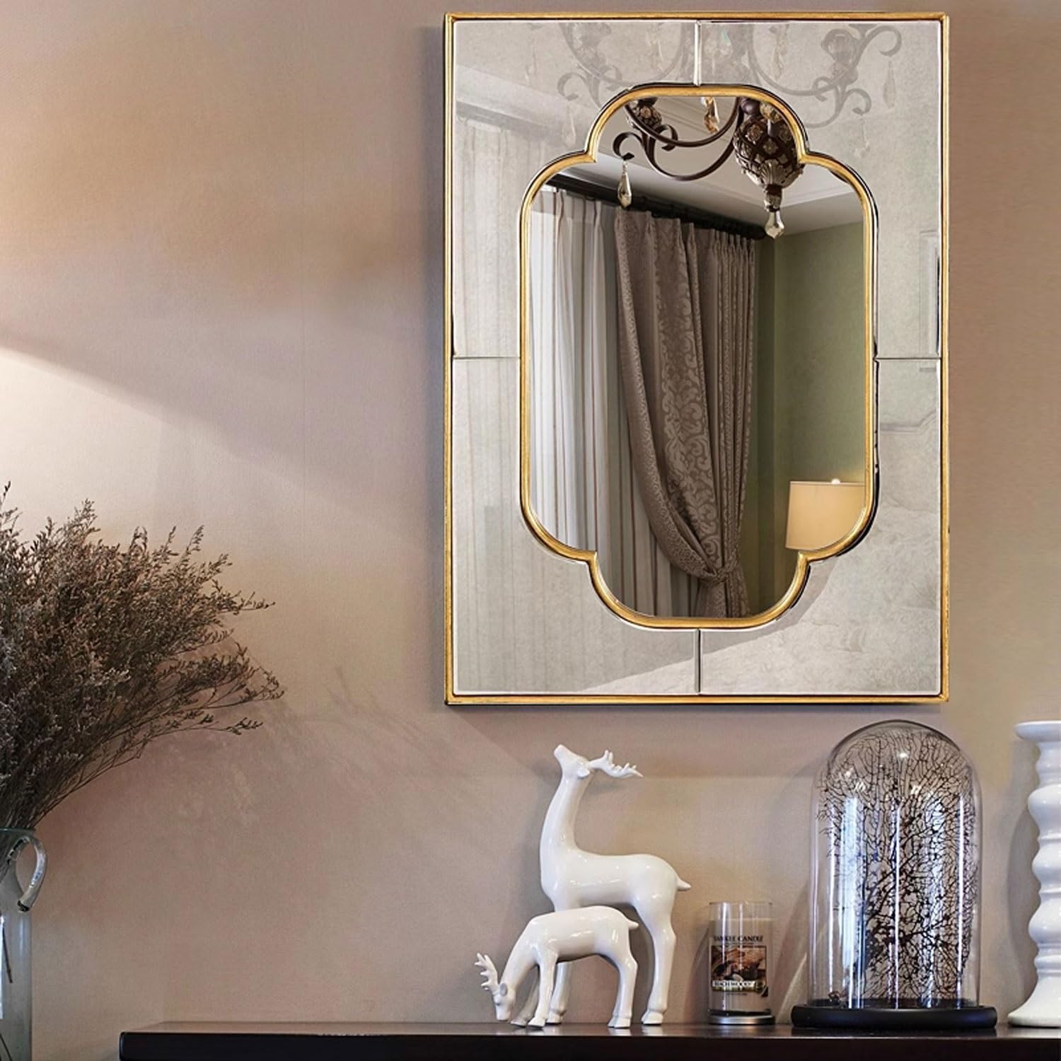 Zestaw 4 geometrycznych złotych żelaznych luster ściennych – metalowa rzeźba dekoracyjna w stylu art deco do nowoczesnej sypialni salonu wejścia - stylowa wisząca dekoracja domu