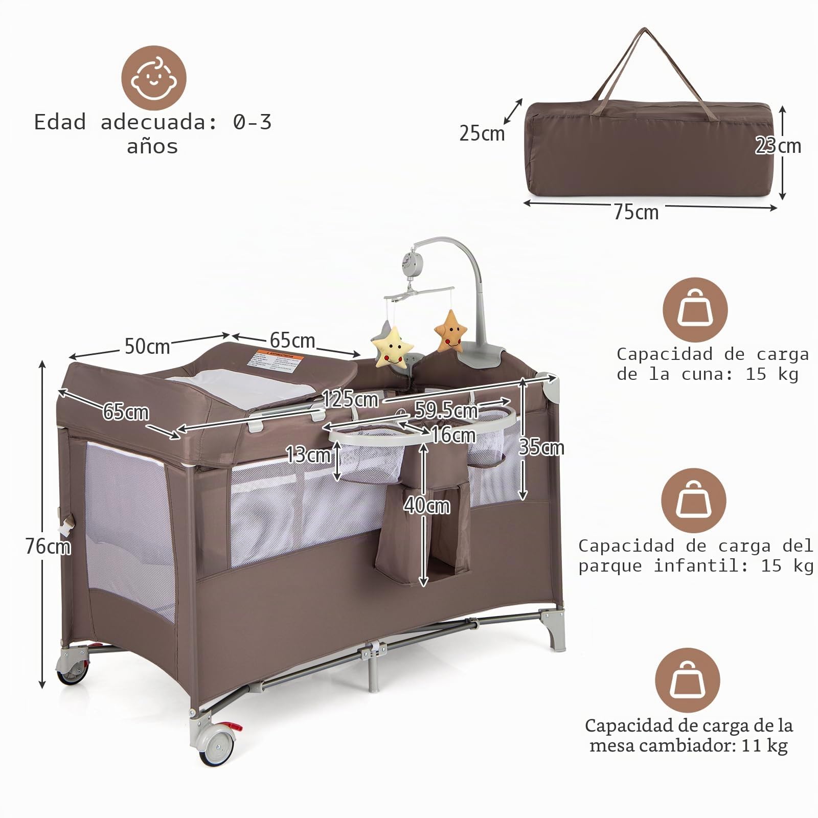 LIFEZEAL Cuna Plegable para Bebé, Cuna Cama para Bebé con Cambiador, Cuna de Viaje con Arco de Juegos y Campanas Musicales, Cuna Móvil con Bolsa de Almacenaje, para 0-36 Meses (Café)