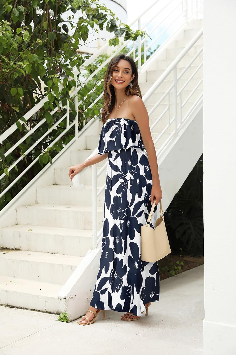 ZMPSIISA Women's Summer Off The Shoulder Maxi Dress Ruffle Strapless Blue White Porcelain Boho Casual Loose Long Dresses - Image 3